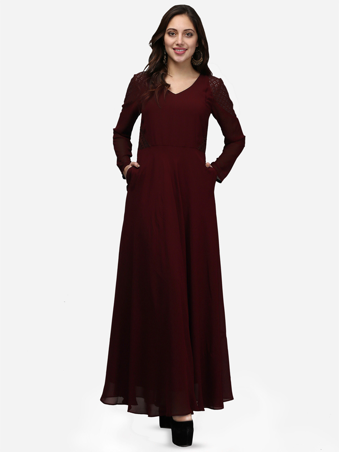 V&M Self Design V-Neck Long Sleeves Georgette Maxi Dress