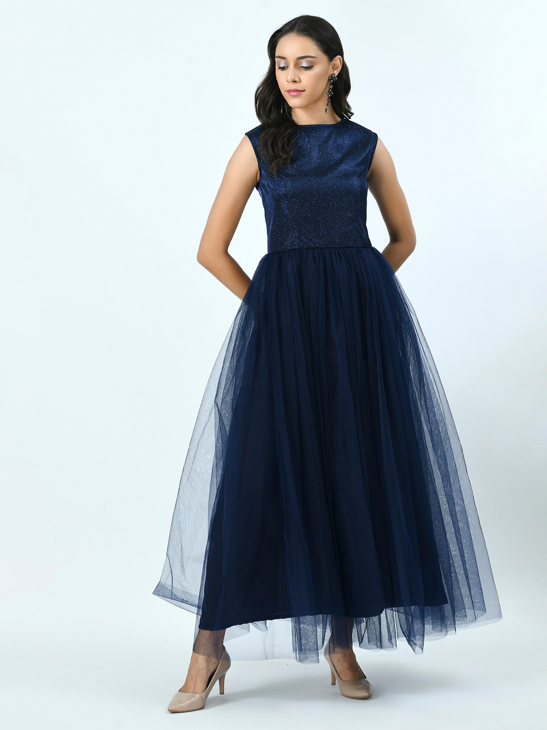 V&M Boat Neck Sleeveless Flared Net Maxi Party Dress
