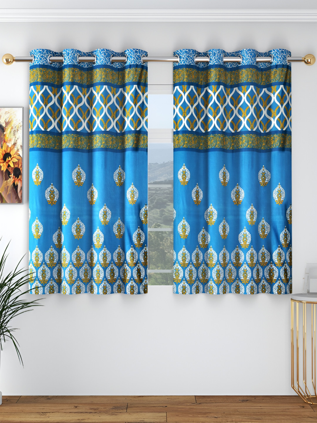 Panipat Textile Hub Blue & Mustard 2 Pcs Ethnic Motifs Room Darkening Window Curtain
