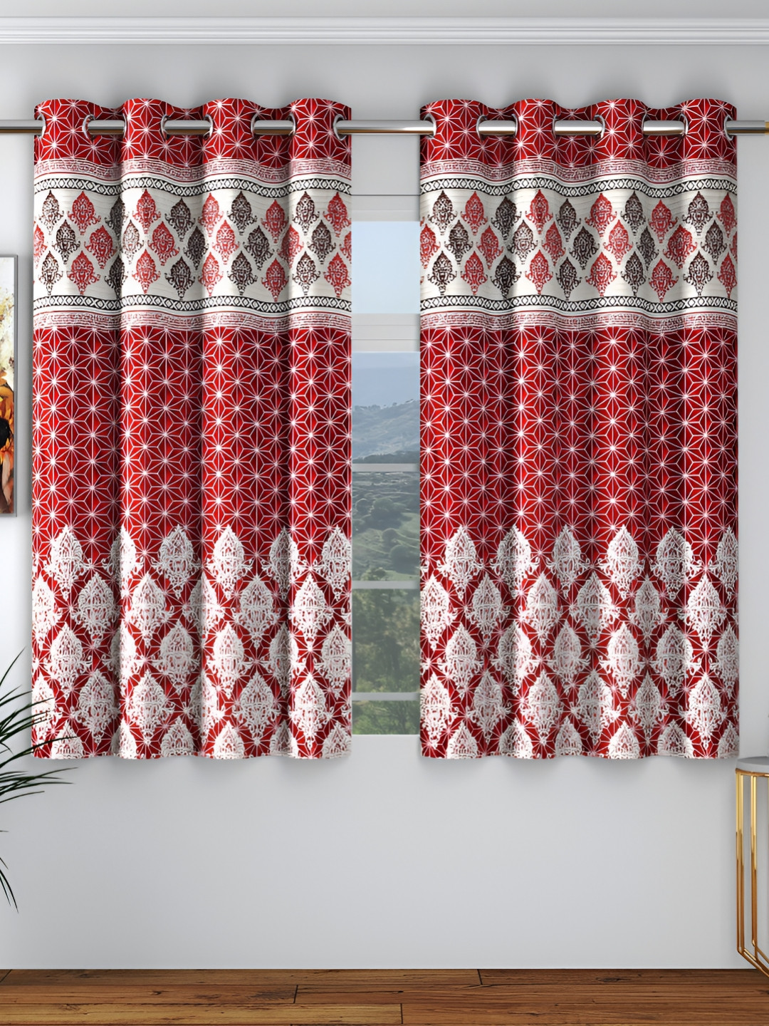 Panipat Textile Hub Red & White Set of 2 Floral Room Darkening Window Curtains