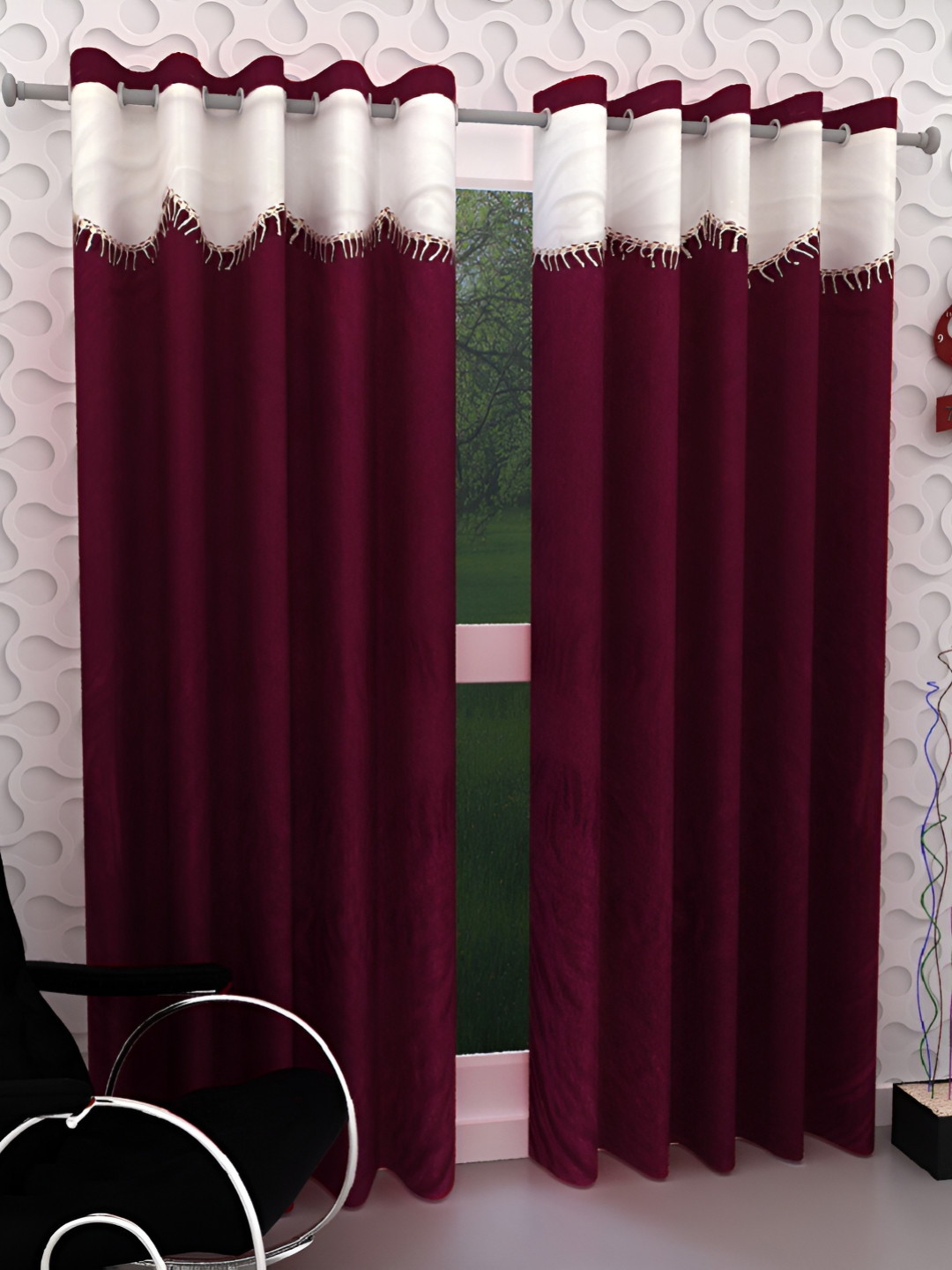 Panipat Textile Hub Maroon & White 2 Pieces Room Darkening Door Curtains