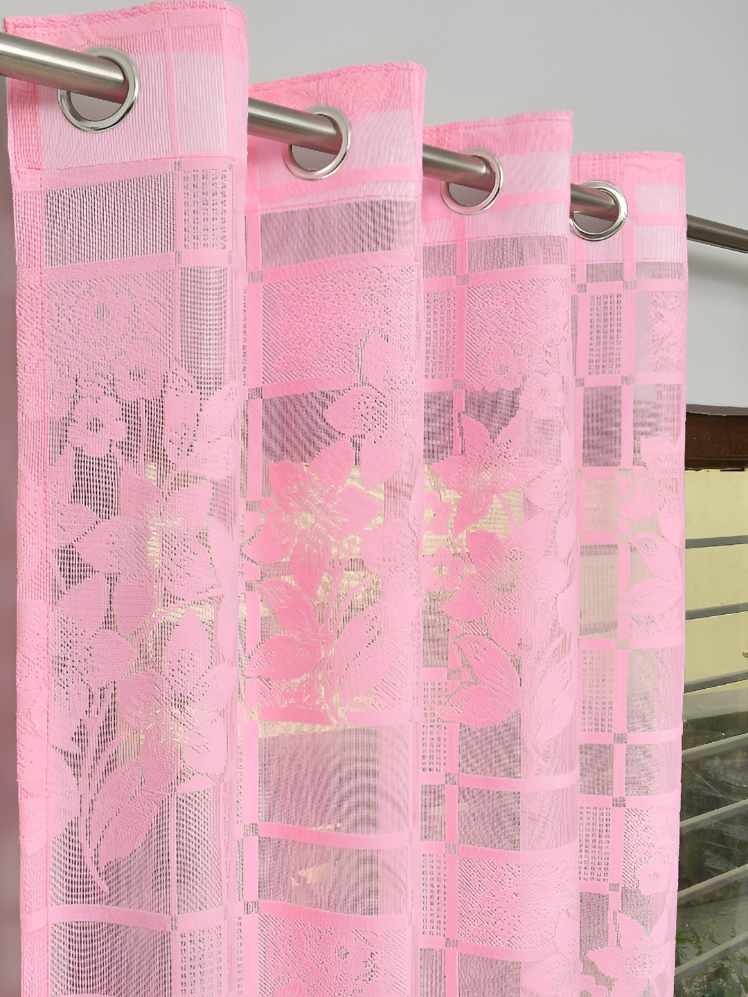 Panipat Textile Hub Pink 2 Pieces Self Design Net Sheer Door Curtains