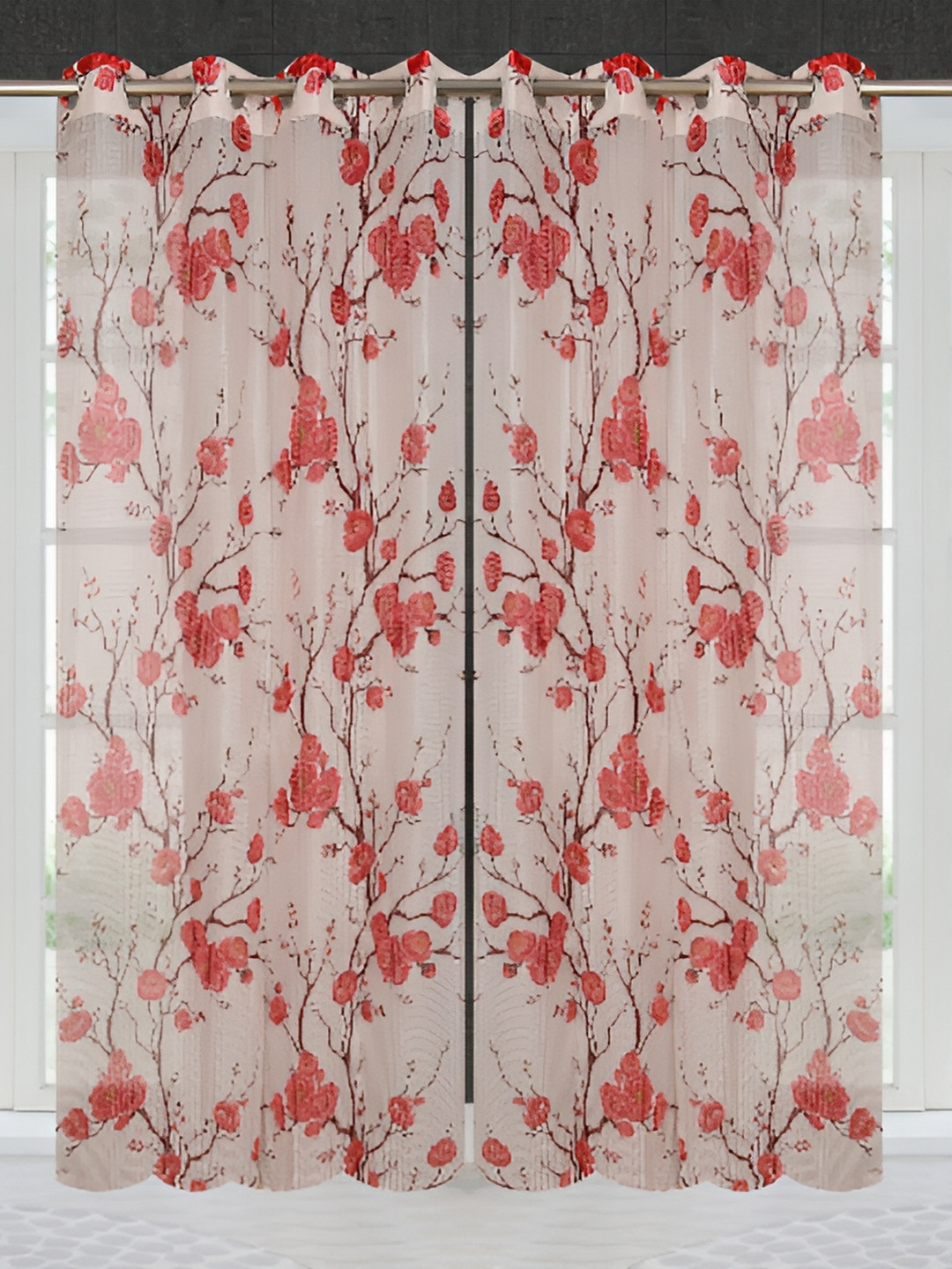 Panipat Textile Hub Pink & White 4 Pieces Floral Printed Semi Sheer Door Curtains