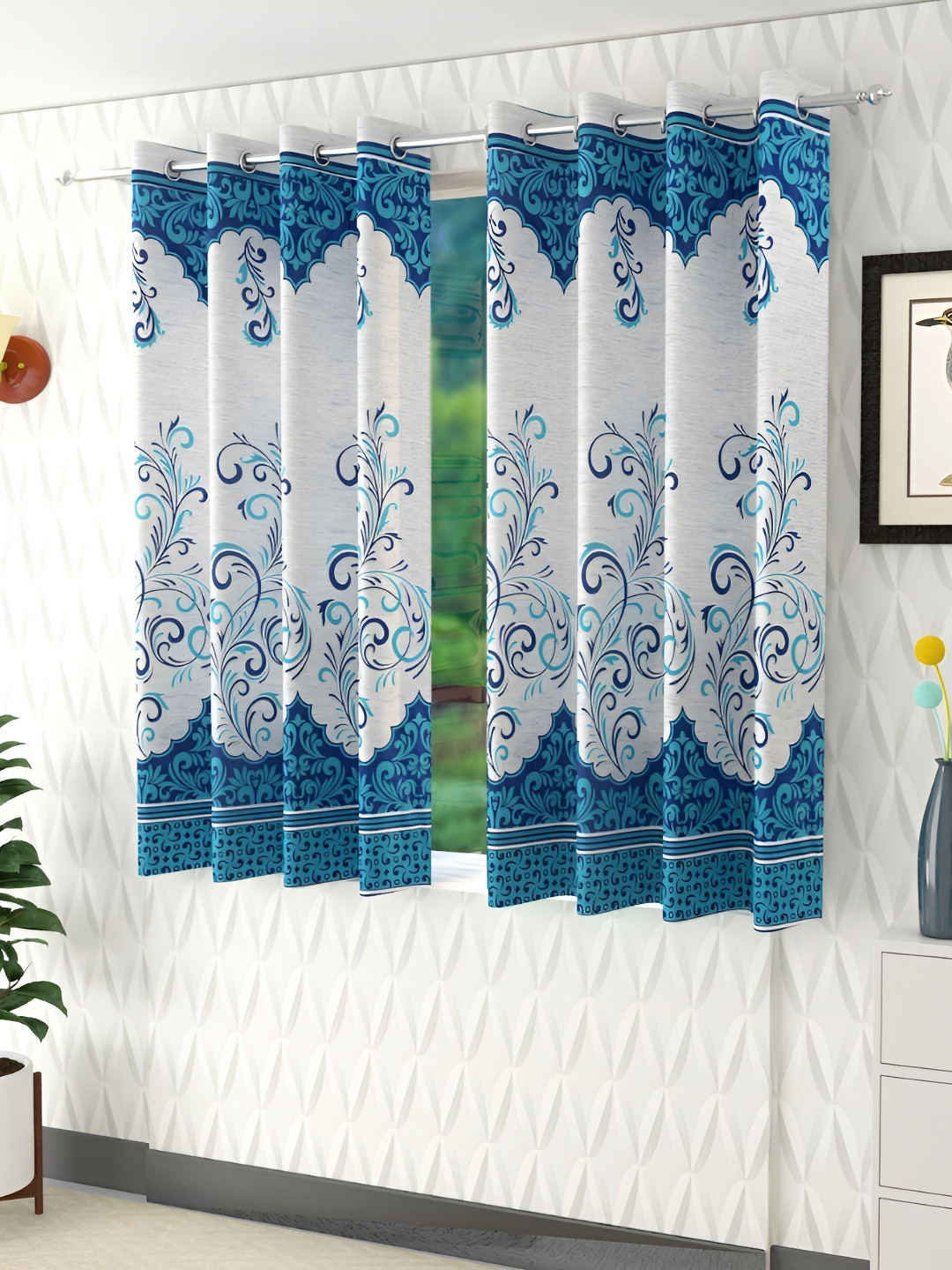 Panipat Textile Hub Blue & White 4 Pieces Floral Printed Window Curtains