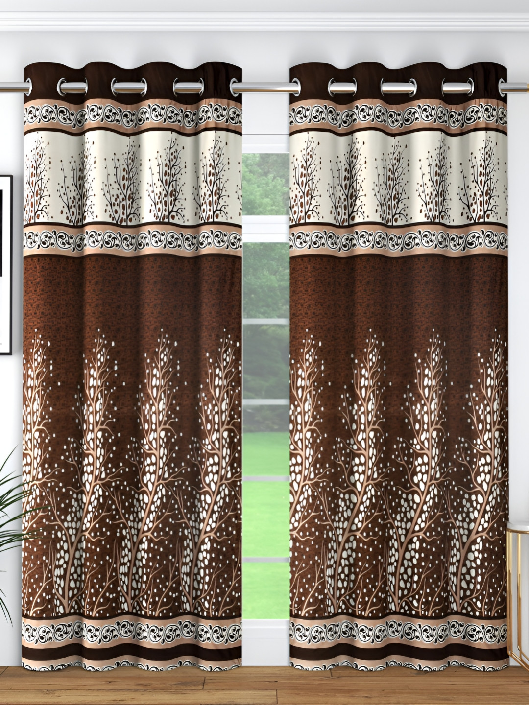 Panipat Textile Hub Brown & Beige 2 Pieces Floral Room Darkening Door Curtain