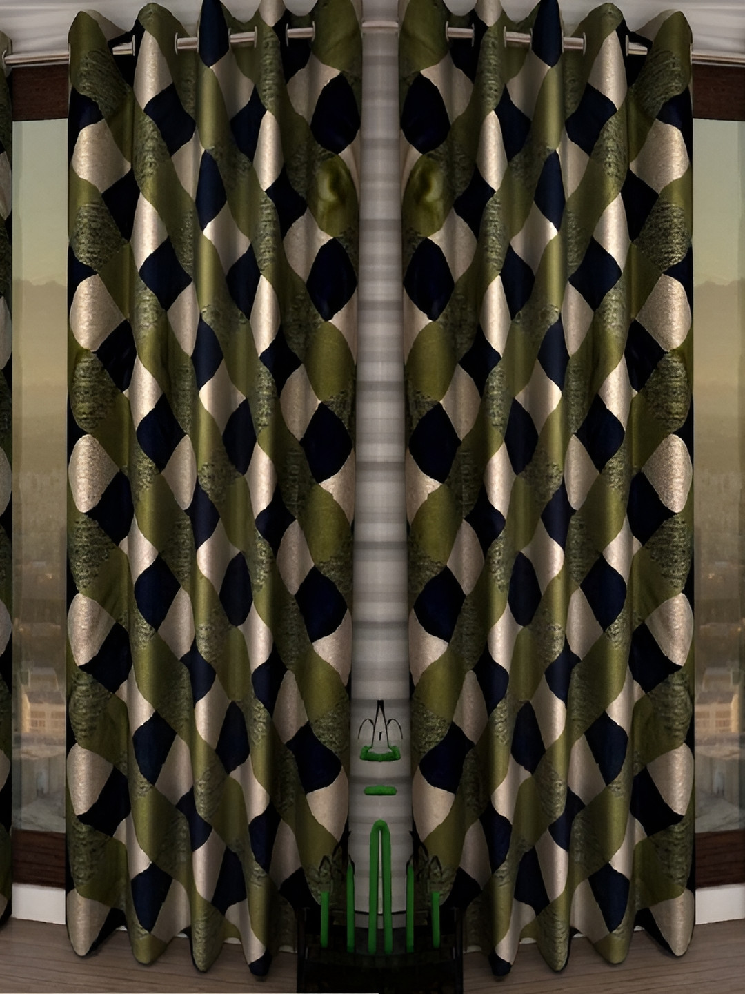 Panipat Textile Hub Green & Beige 4 Pieces Geometric Printed Door Curtain