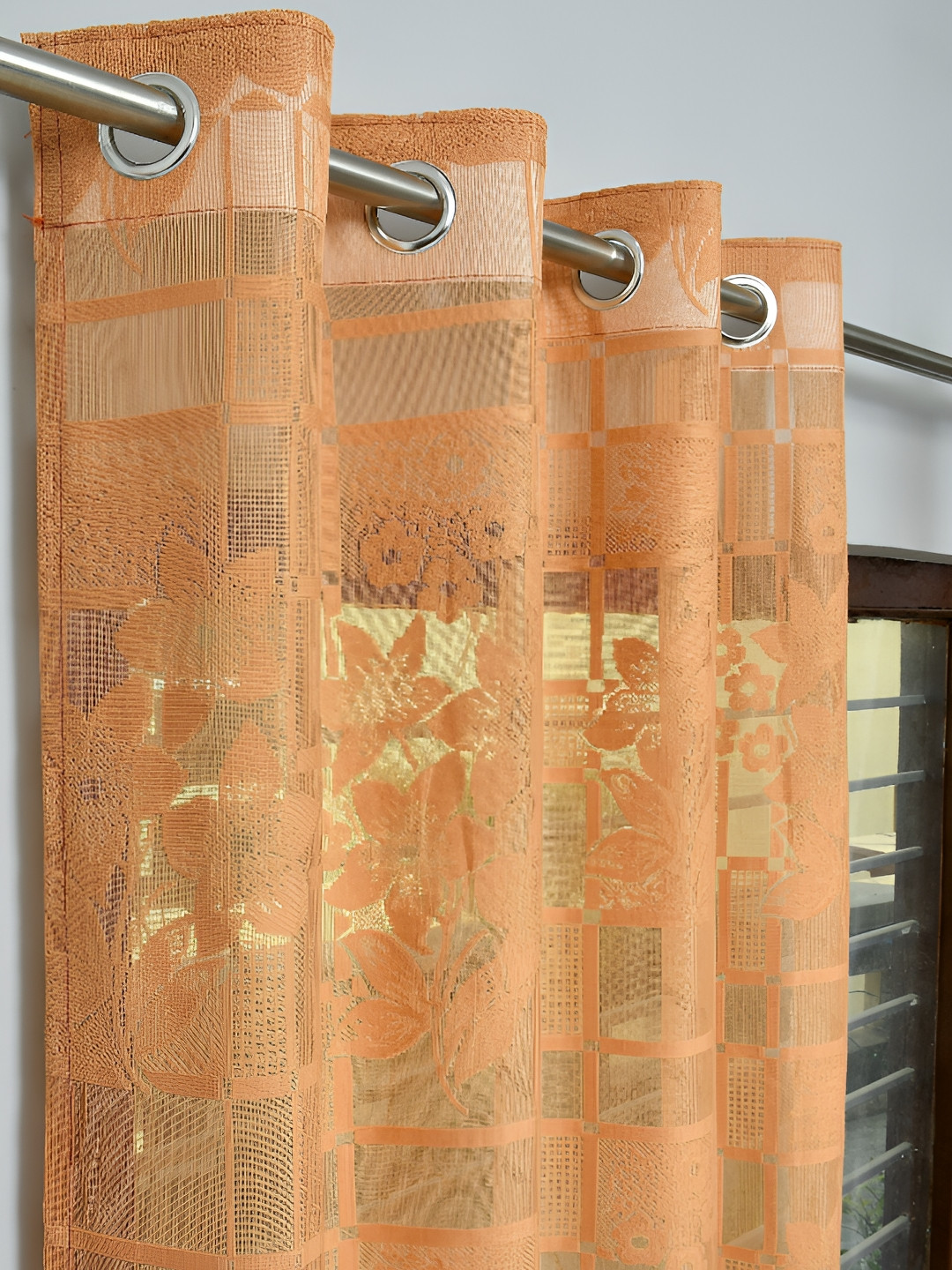 Panipat Textile Hub Orange 2 Pieces Net Semi Transparent Long Door Curtain
