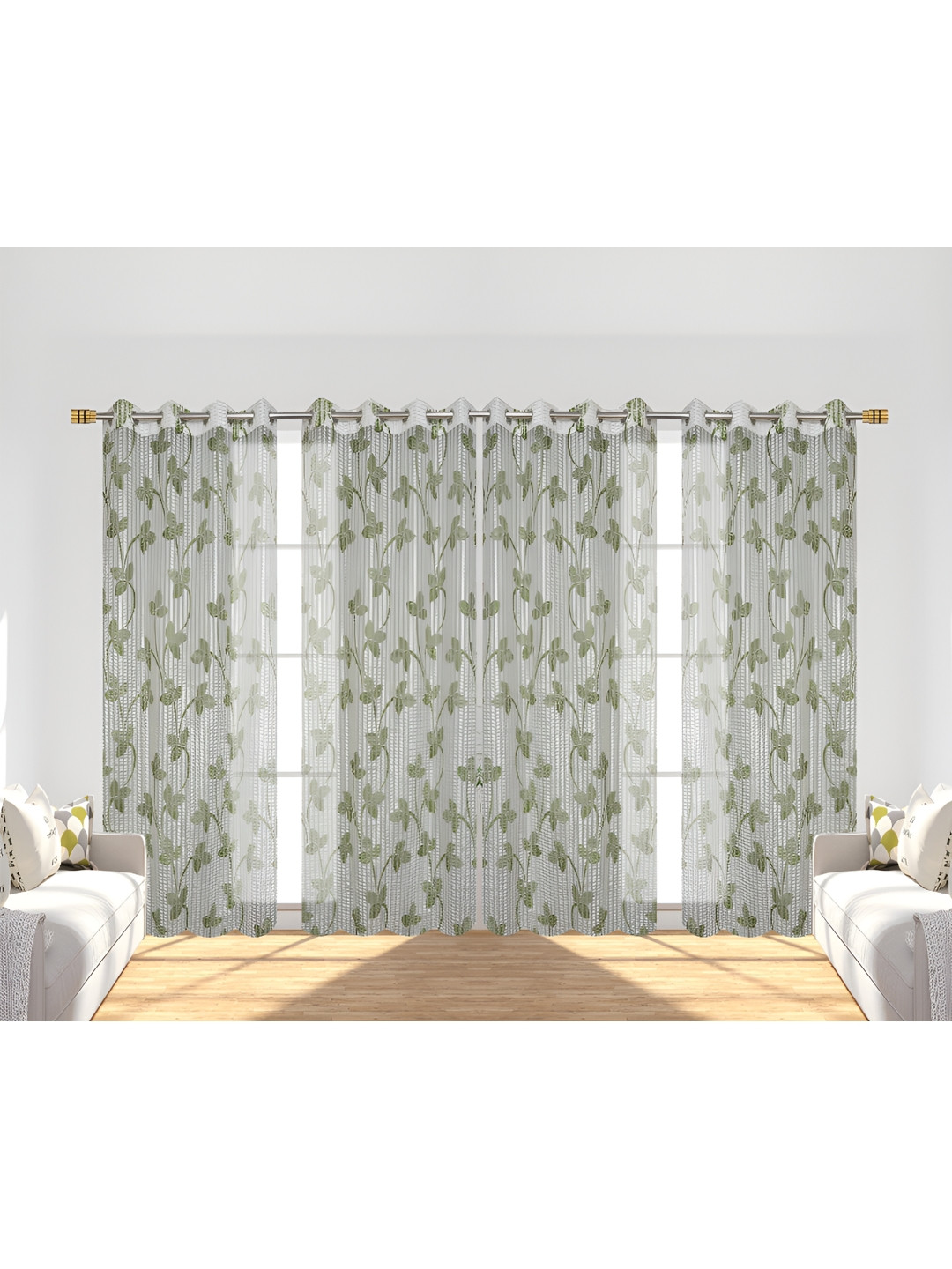 Panipat Textile Hub Green & Off White 4 Pieces Floral Semi-Sheer Window Curtain