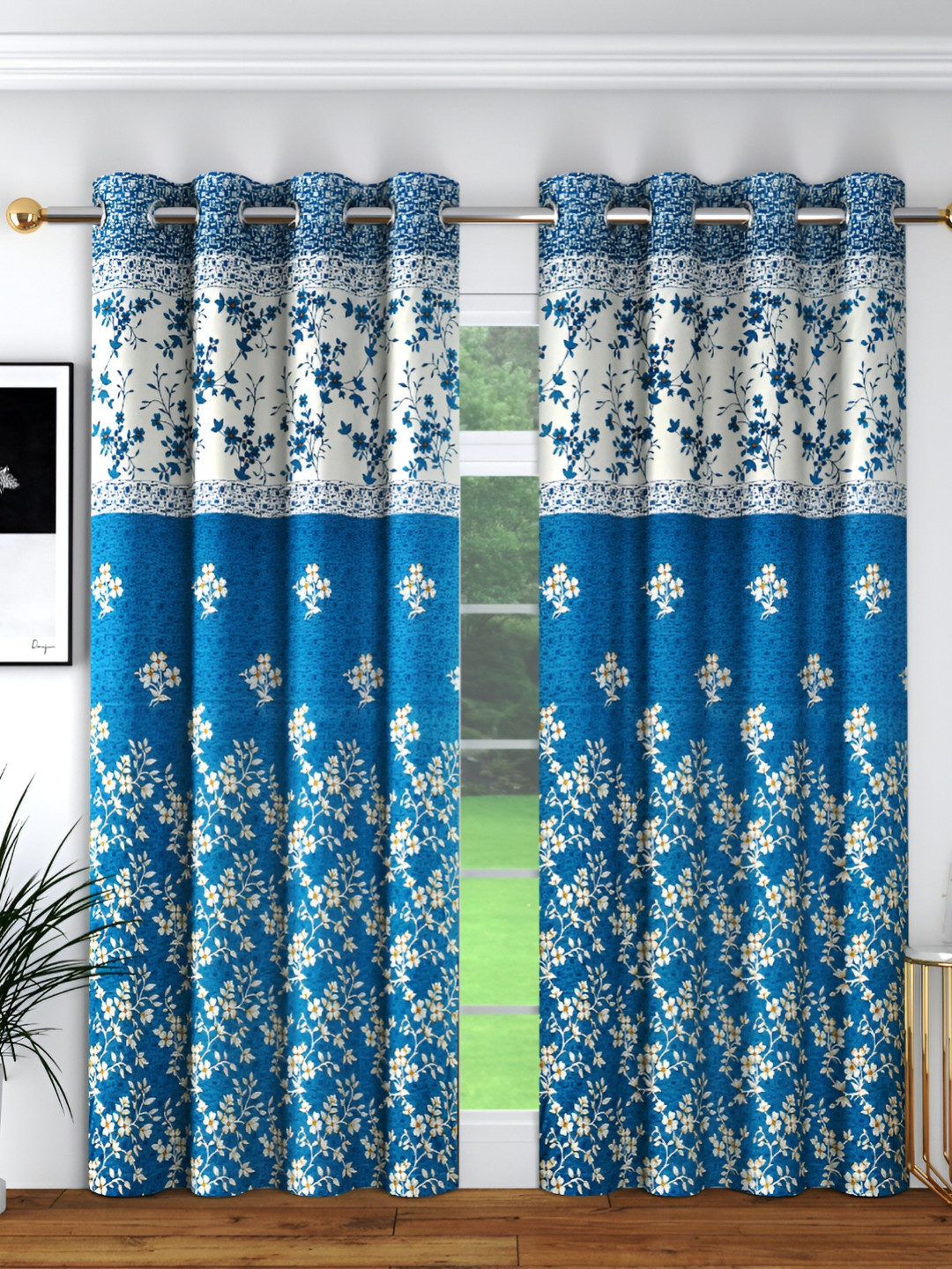 Panipat Textile Hub Blue & White 2 Pieces Floral Room Darkening Door Curtain