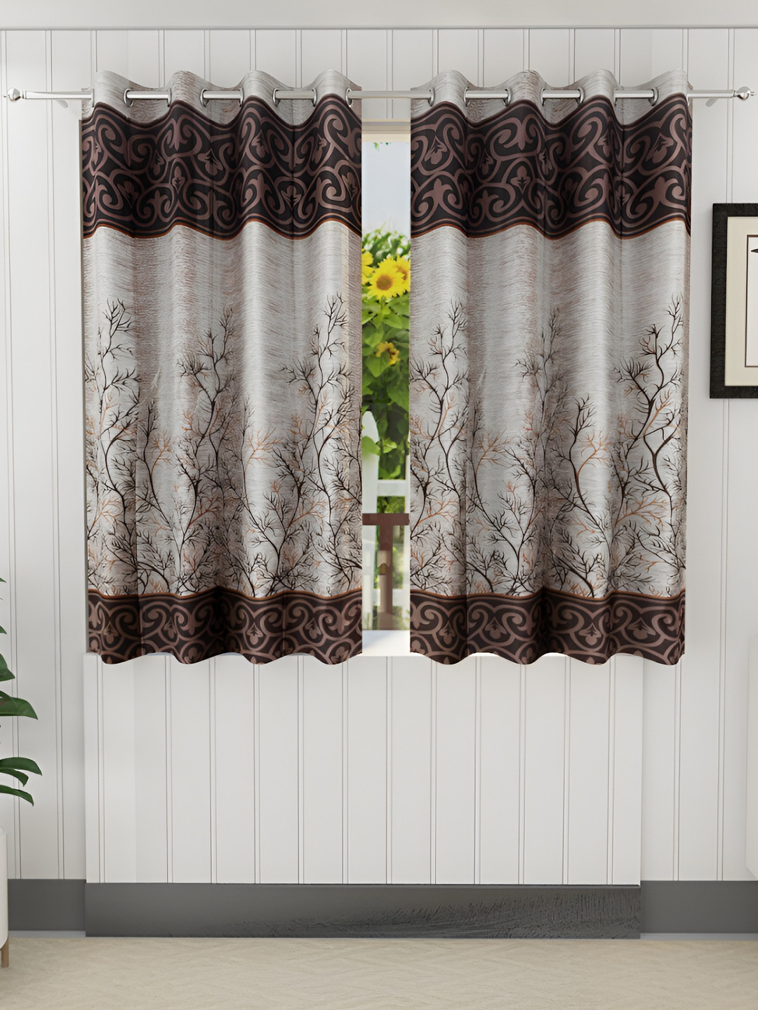 Panipat Textile Hub Brown & Beige Set of 2 Floral Printed Window Curtains
