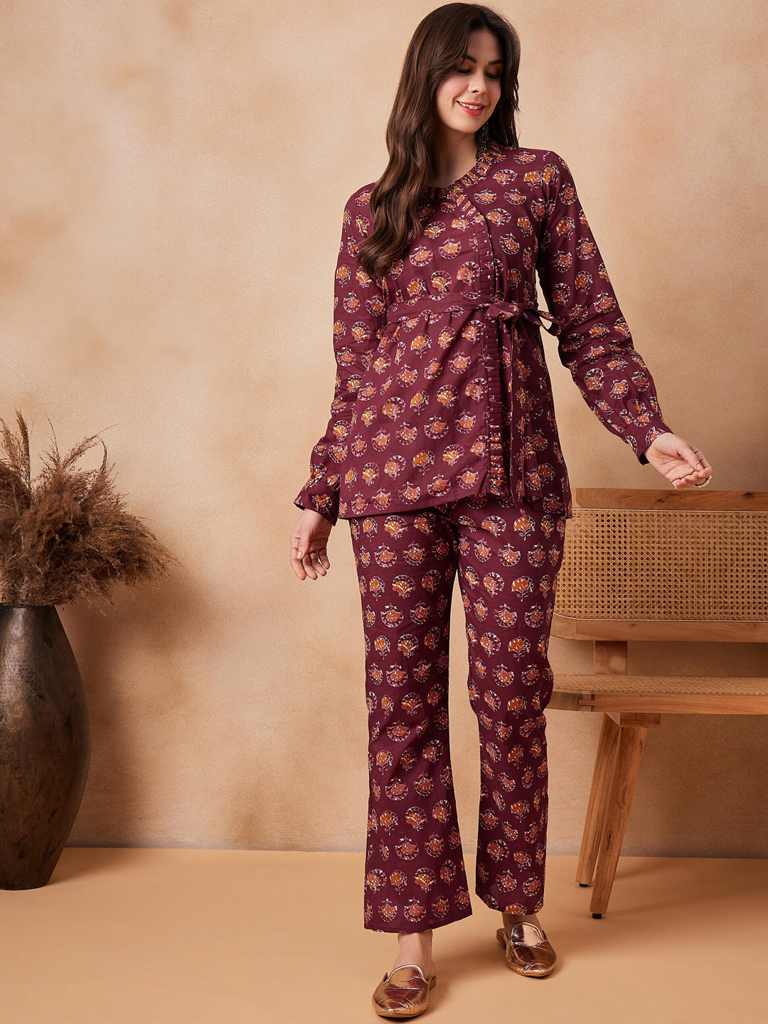 InWeave Printed Pure Cotton Top With Trousers And Belt Co-Ords