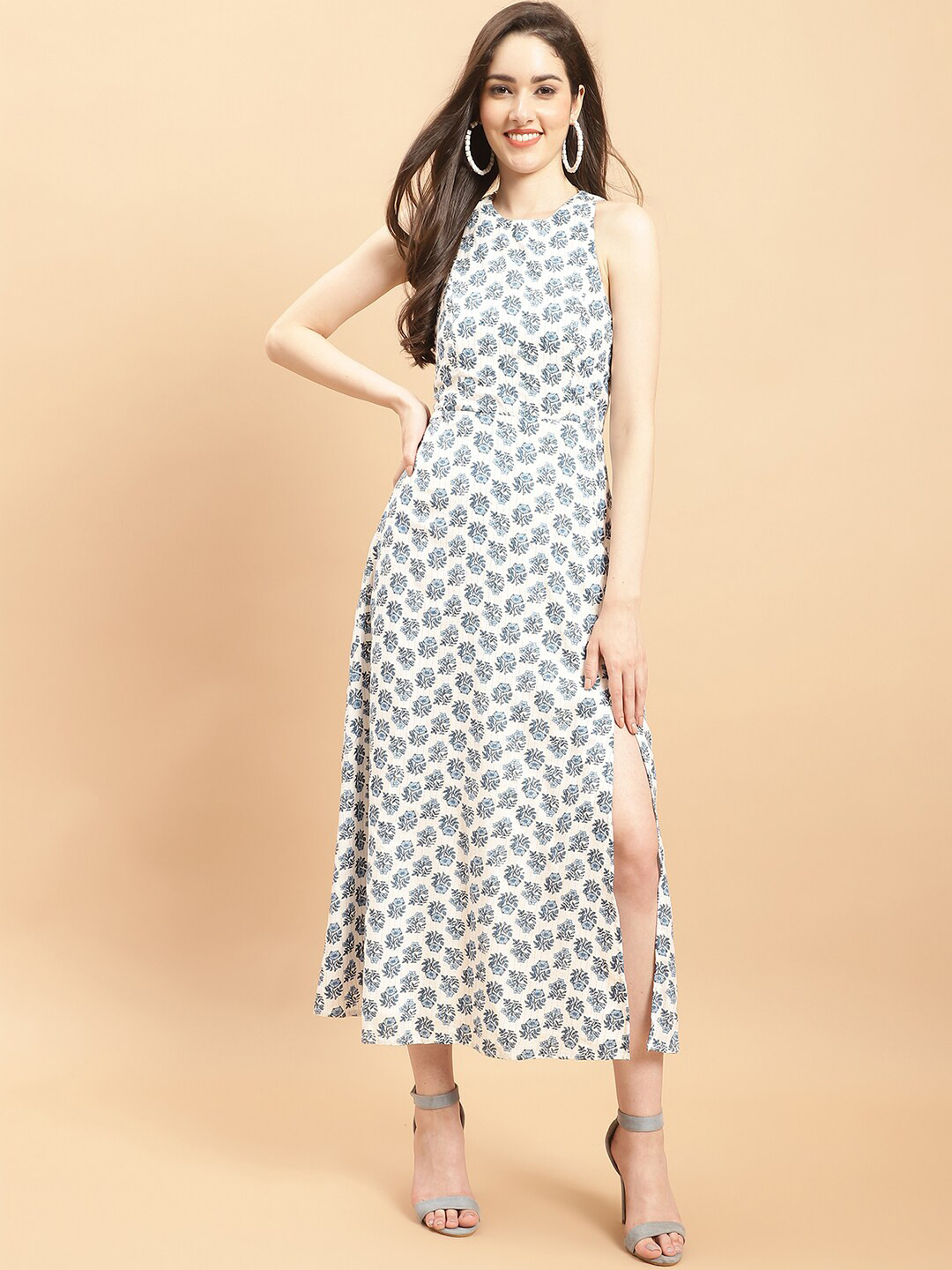 Purple State Floral Printed Halter Neck Cut-Out Detailed A-Line Midi Dress