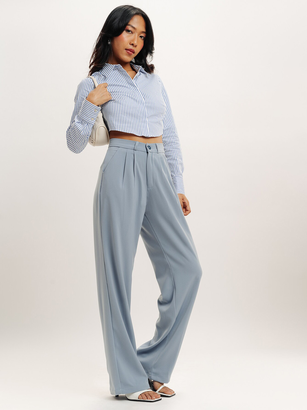 FREAKINS Powder Blue Pleated Straight Fit Korean Pant