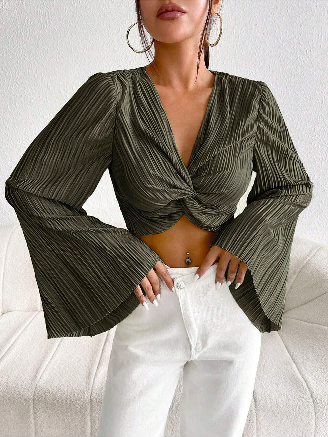 Stylecast X Slyck Olive Green Self Design V-Neck Bell Sleeve Twisted Crop Top