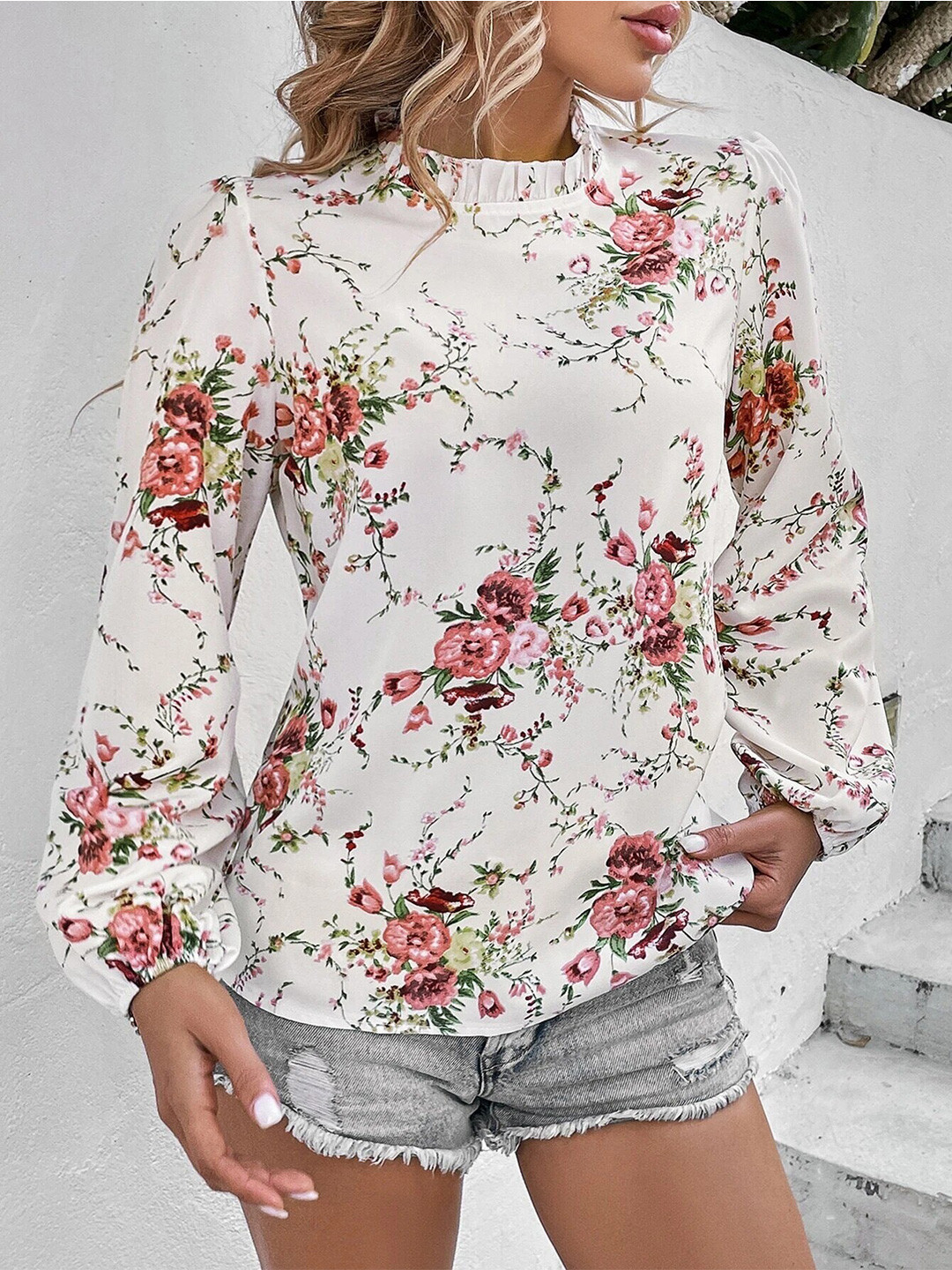 Stylecast X Slyck Floral Print High Neck Puff Sleeves Top