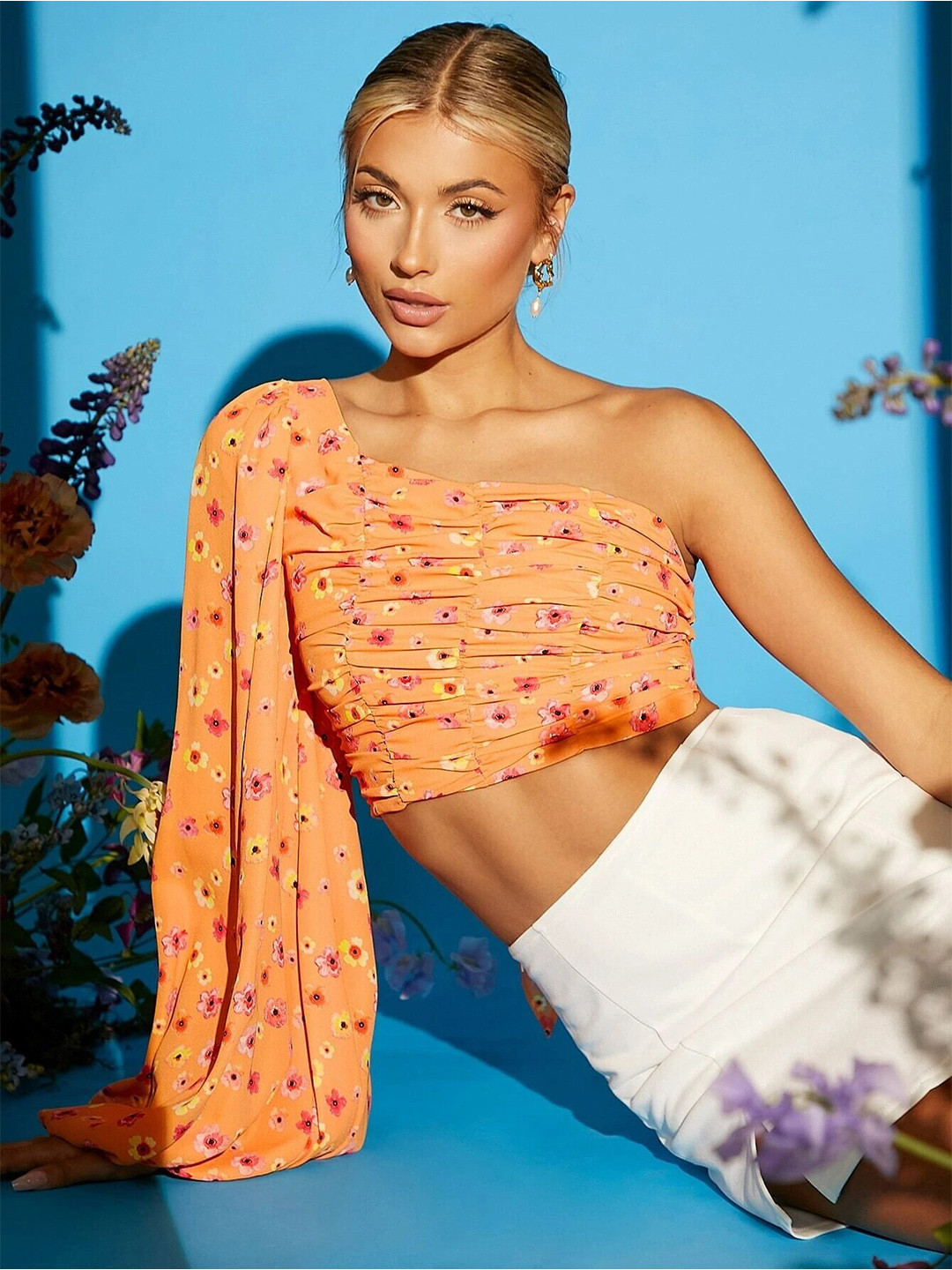 Stylecast X Slyck Orange Floral Printed One Shoulder Top