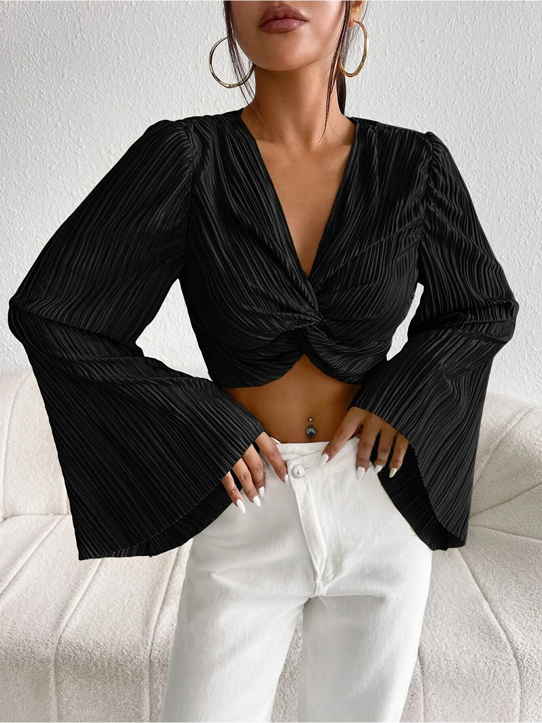 Stylecast X Slyck Self Design Bell Sleeve Crop Top