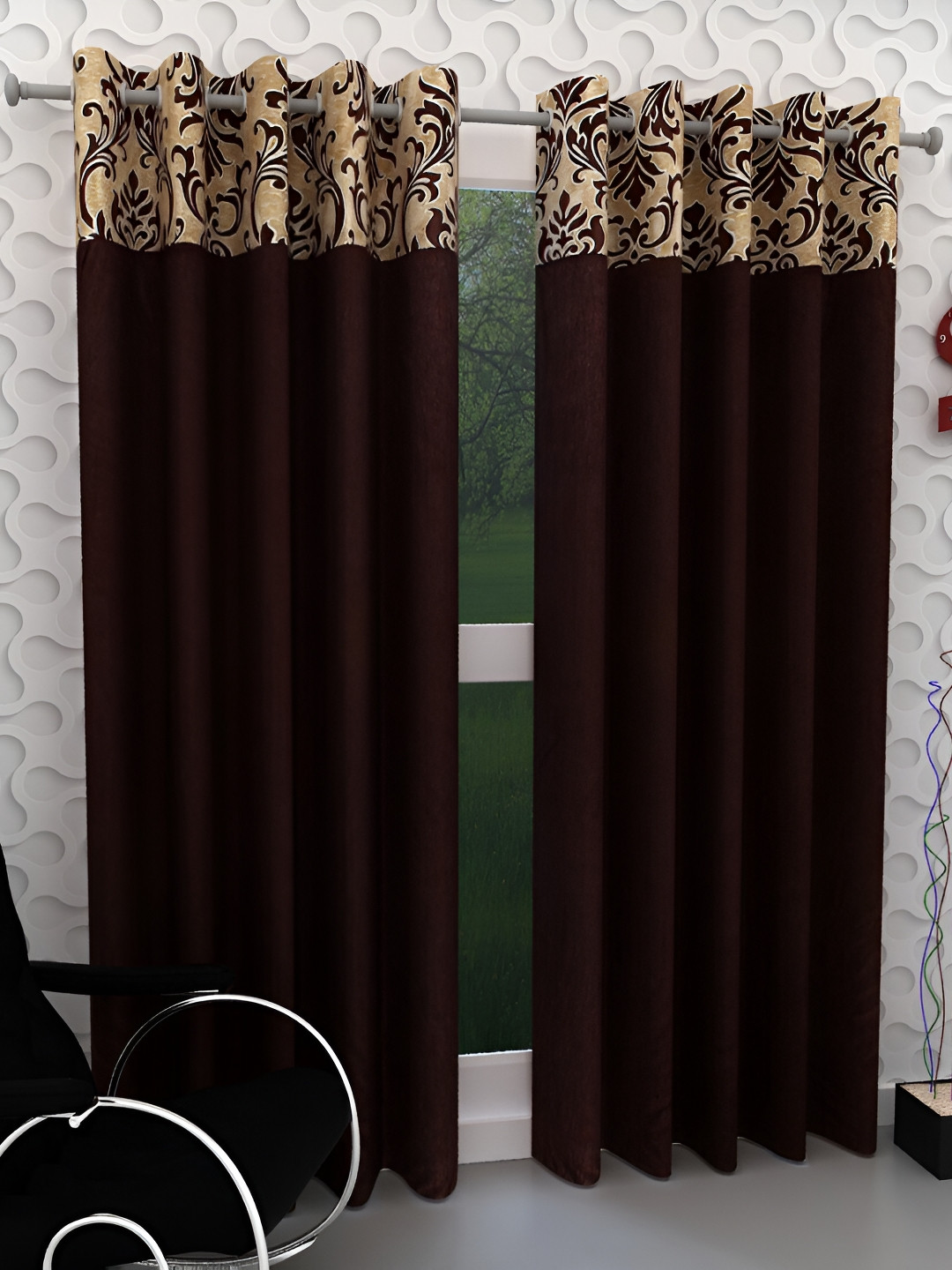 Panipat Textile Hub Brown & Beige 2 Pieces Floral Black Out Door Curtains