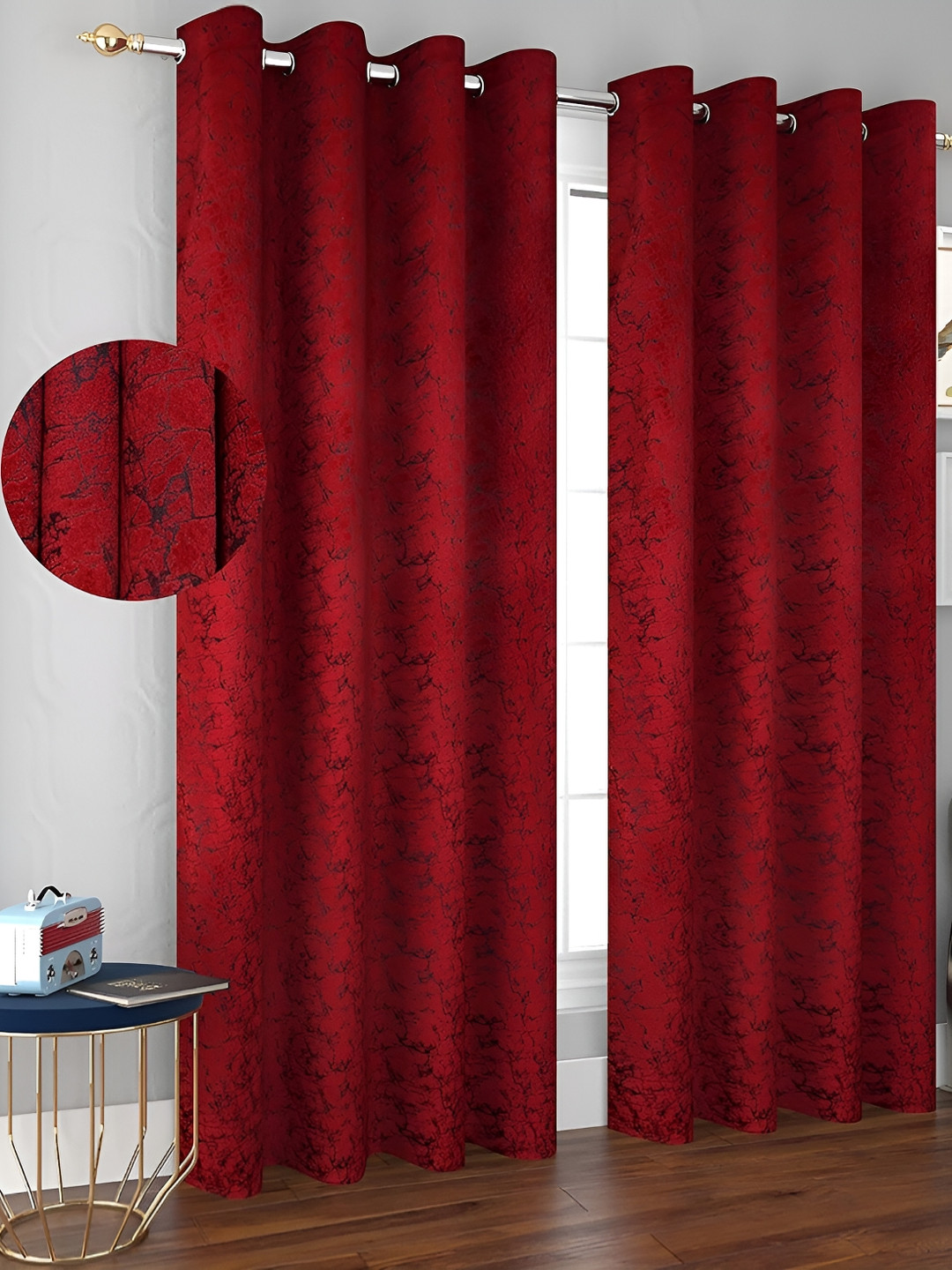 Panipat Textile Hub Red 2 Pieces Abstract Velvet Room Darkening Long Door Curtains