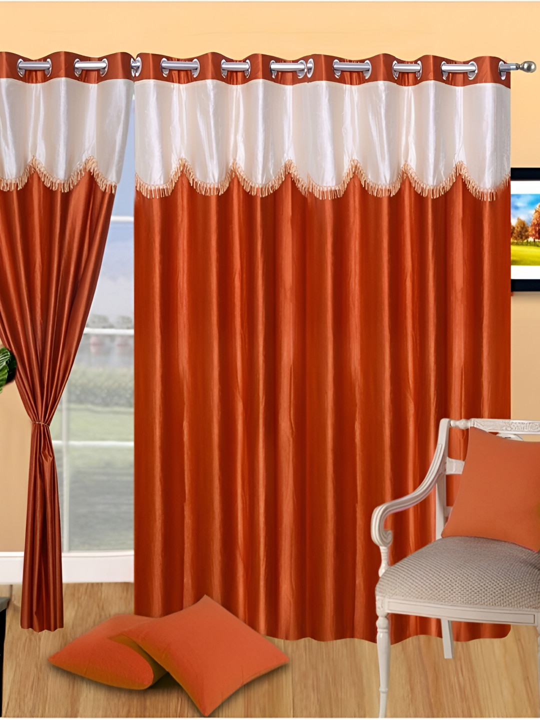 Panipat Textile Hub Orange & White 3 Pieces  Semi Transparent  Window Curtains