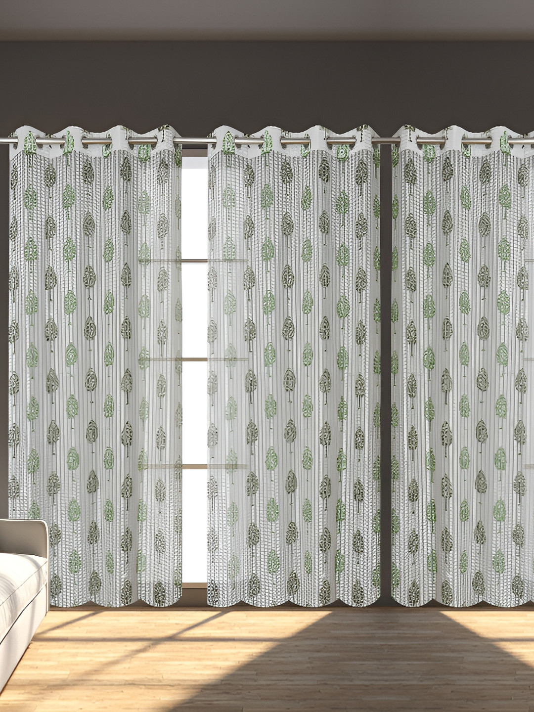 Panipat Textile Hub Green & White 3 Pieces Striped Tissue Semi Transparent Window Curtains