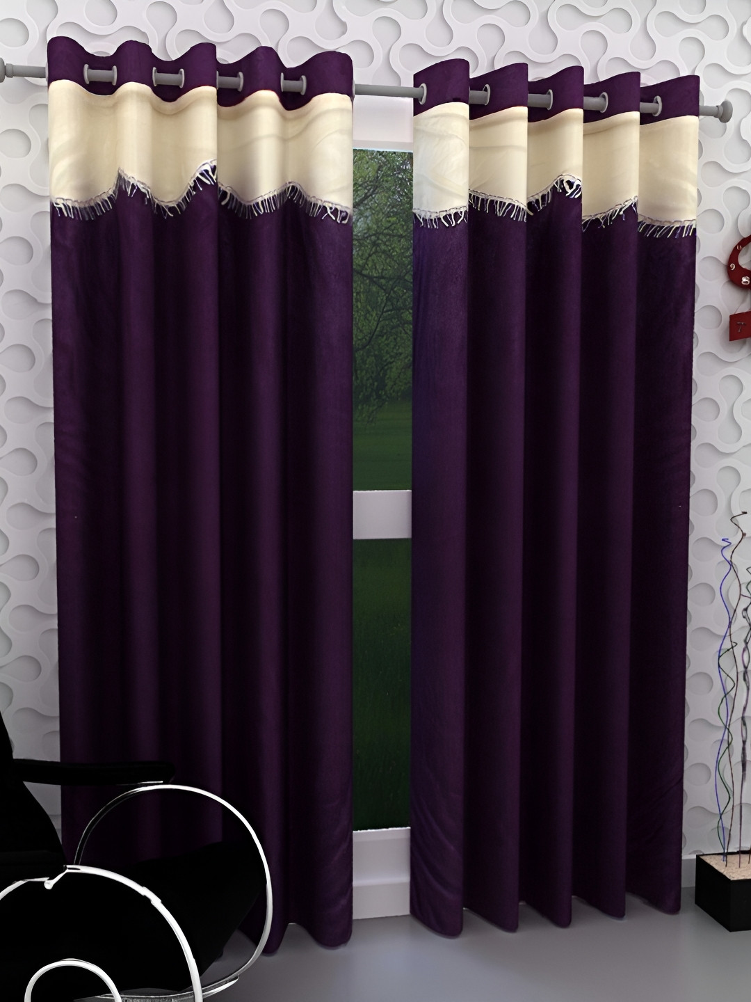 Panipat Textile Hub Purple & Cream-Coloured 2 Pieces Eyelet Window Curtains