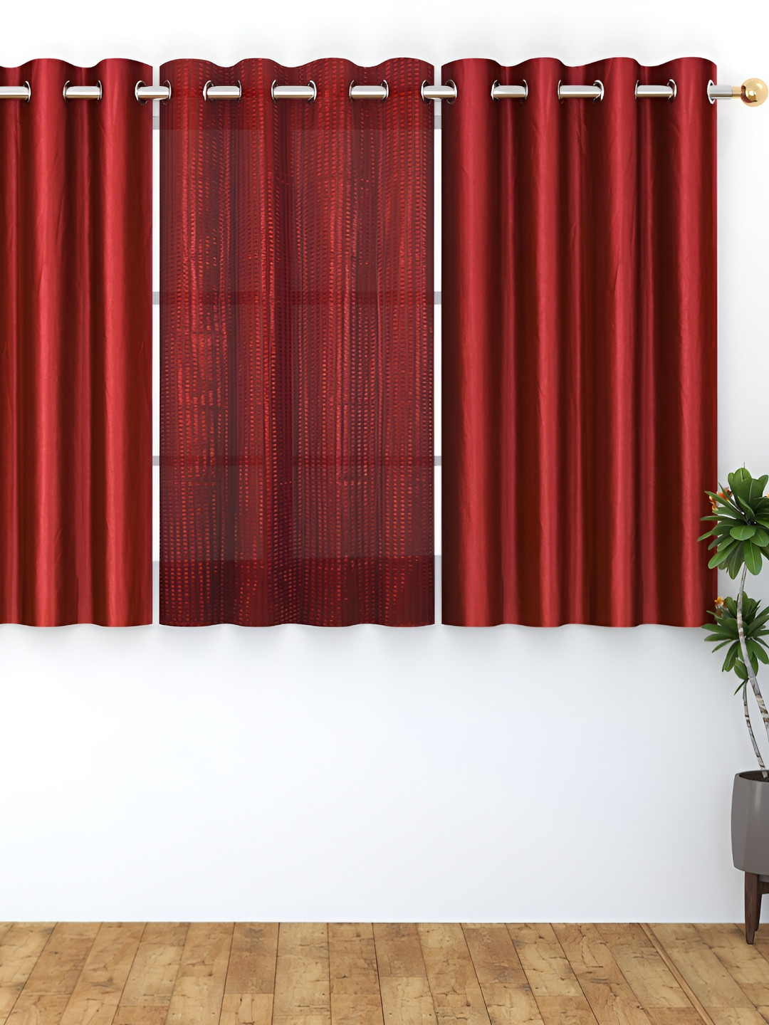 Panipat Textile Hub Maroon 3 Pieces Self Design Window Curtains