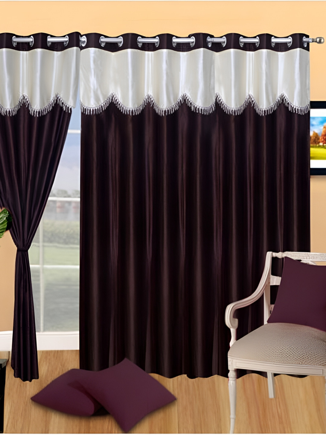 Panipat Textile Hub Brown & White 3 Pieces Eyelet Window Curtains