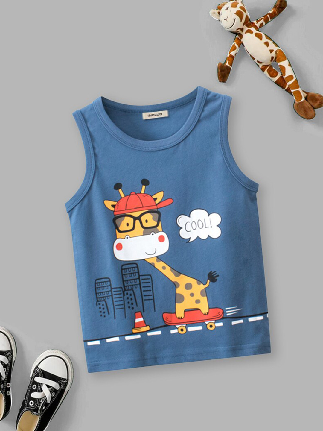 INCLUD Boys Cartoon Graphic Vest Printed Cotton Round Neck Sleeveless T-shirt