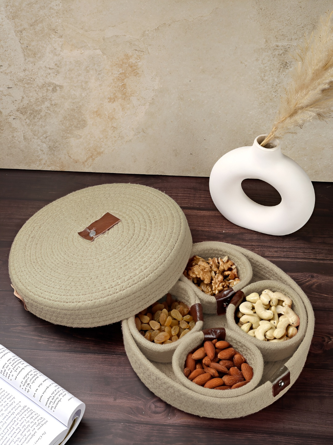 FABINALIV Beige Solid Design Cotton Multi Purpose Organiser with Lid