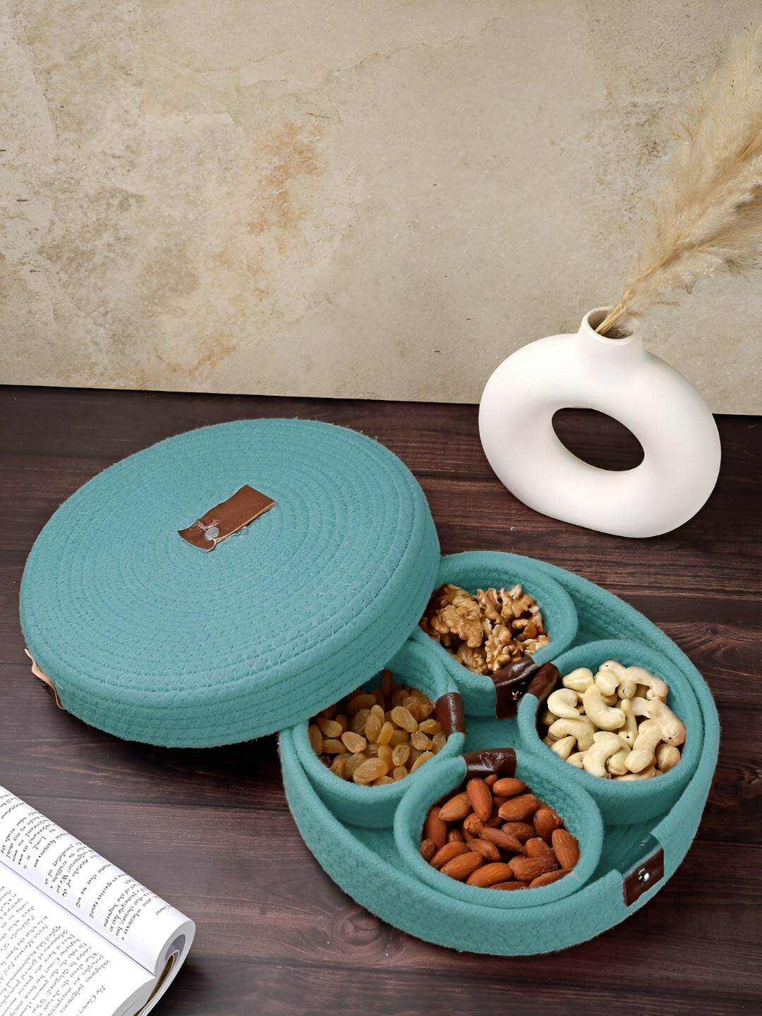 FABINALIV Turquoise Solid Design Cotton Multi-Purpose Organiser with Lid