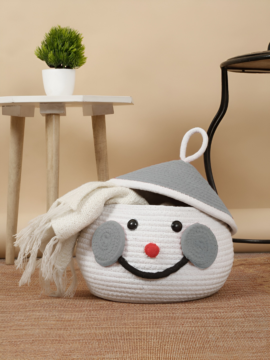 FABINALIV Grey & White Cartoon Design Cotton Multi-Purpose Organiser with Lid