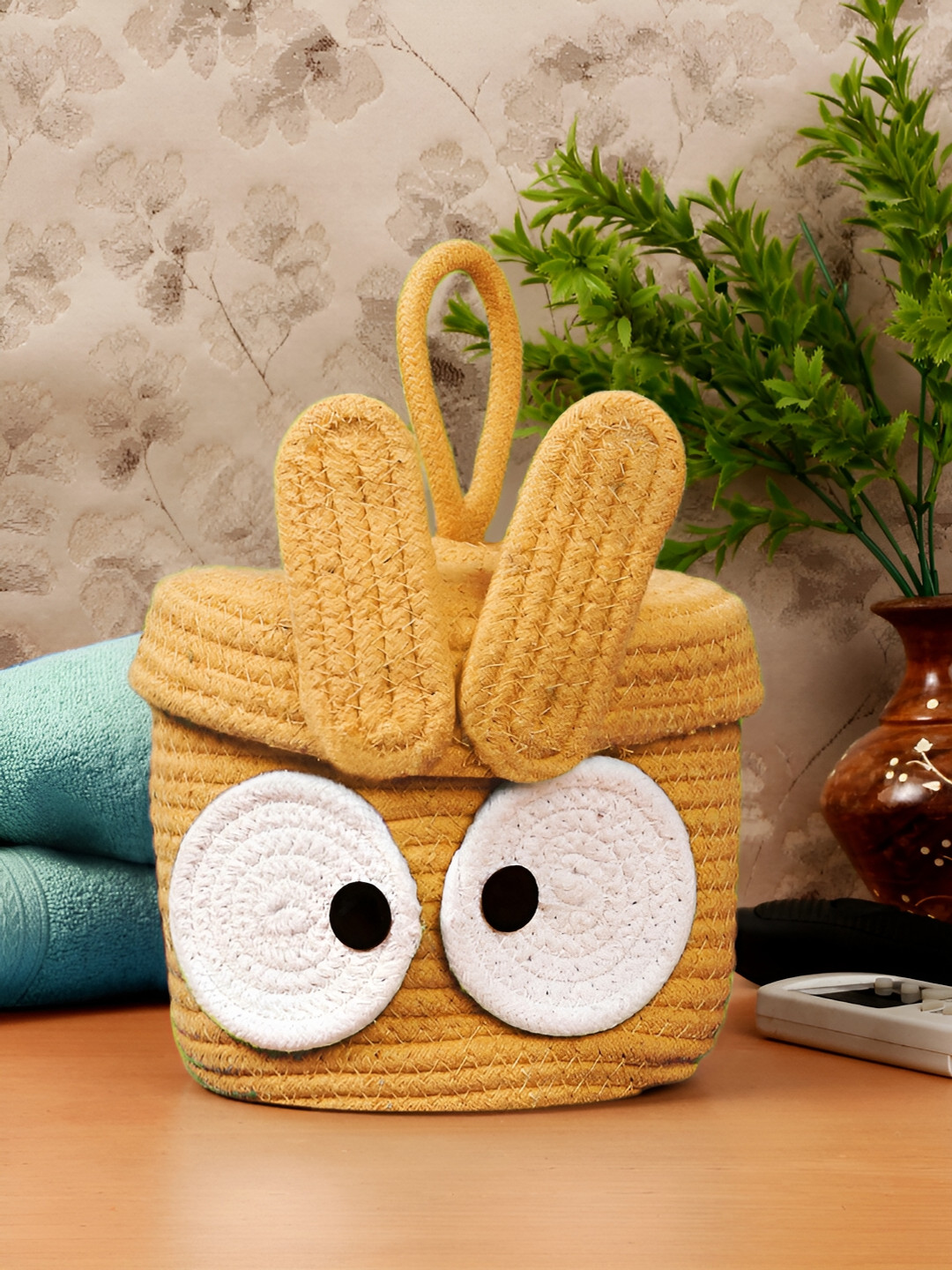 FABINALIV Mustard & White Cartoon Design Cotton Multi Purpose Organiser with Lid