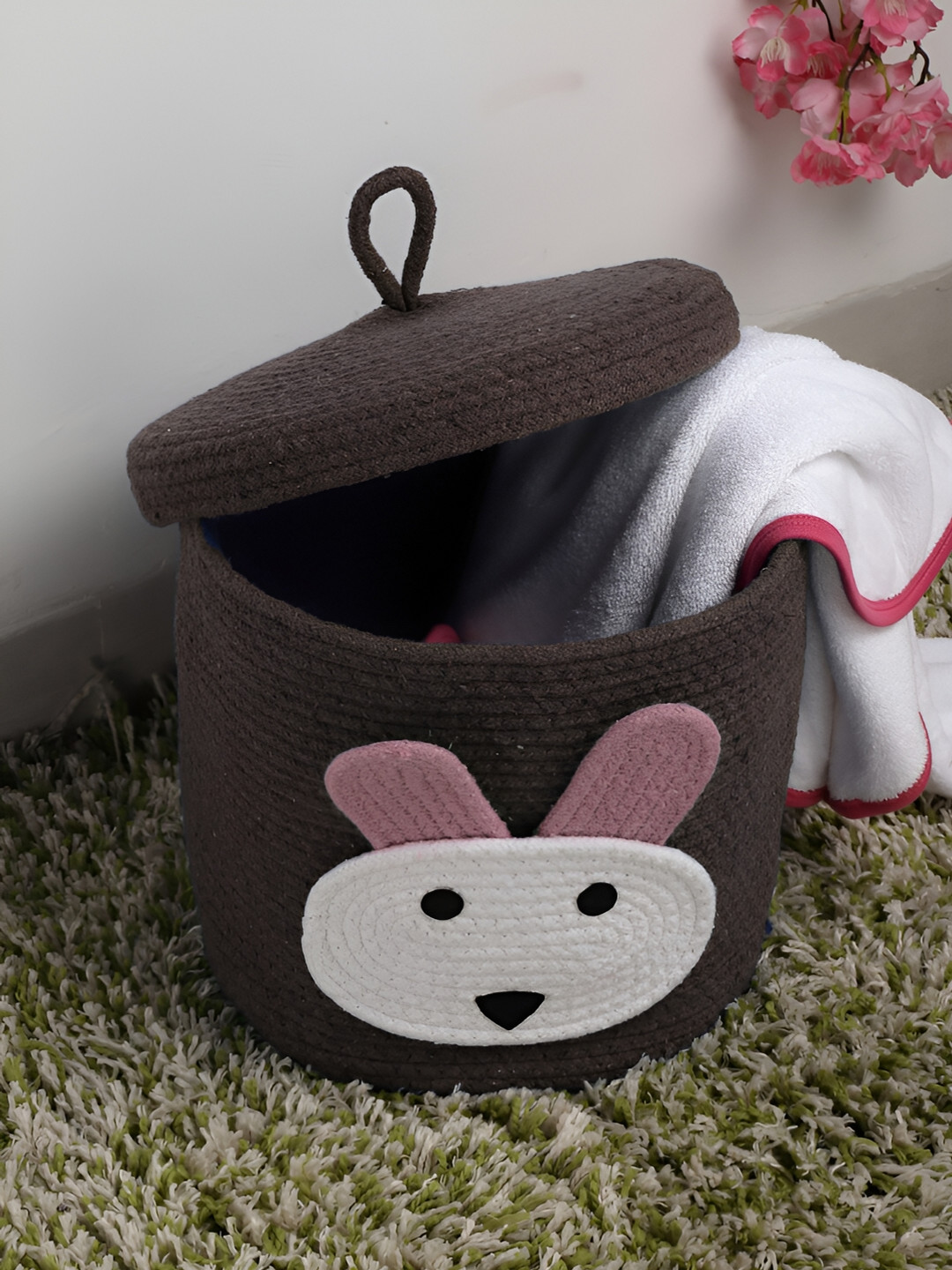 FABINALIV Brown & White Cartoon Design Cotton Multi Purpose Organiser with Lid