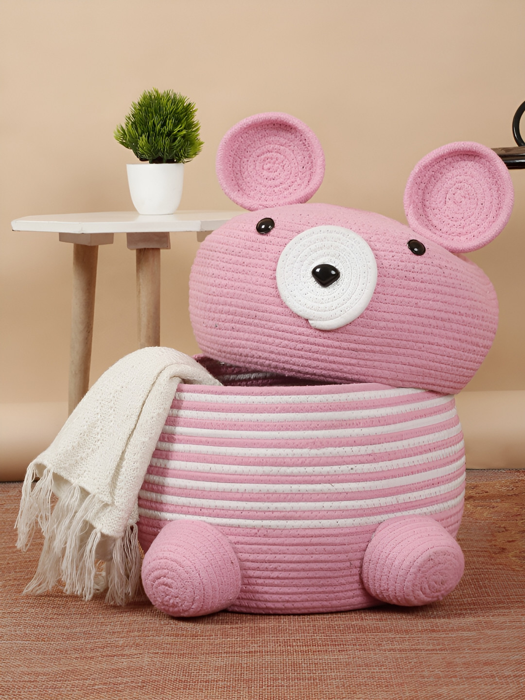 FABINALIV Pink & White Cartoon Design Cotton Multi Purpose Organiser with Lid