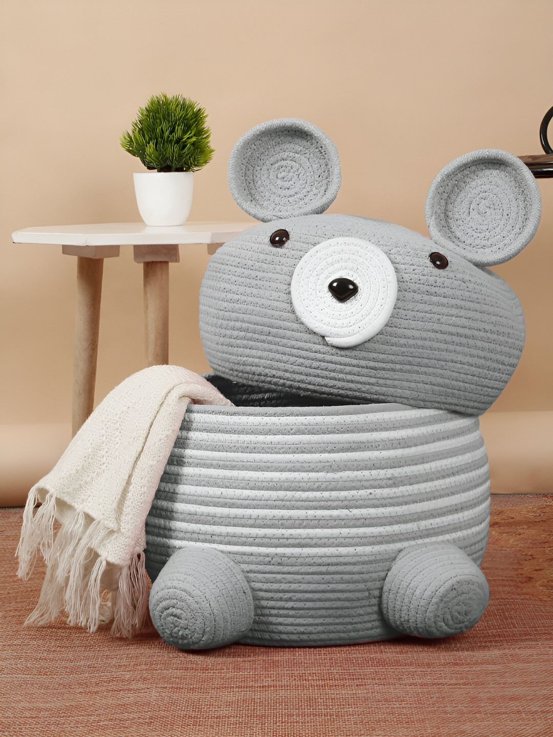 FABINALIV Grey & White Cartoon Design Cotton Multi-Purpose Organiser with Lid