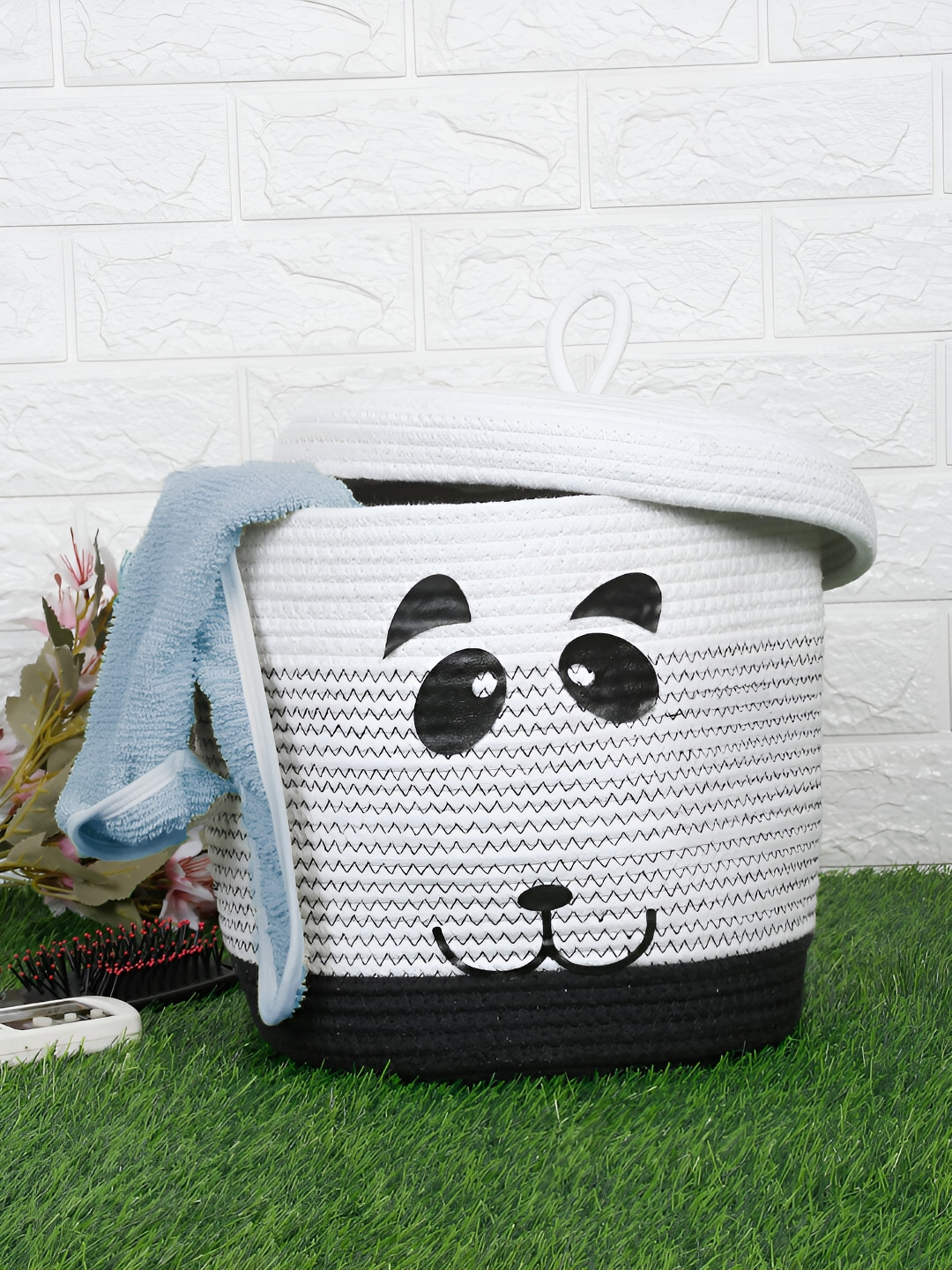 FABINALIV White & Black Cartoon Design Cotton Multi Purpose Organiser with Lid