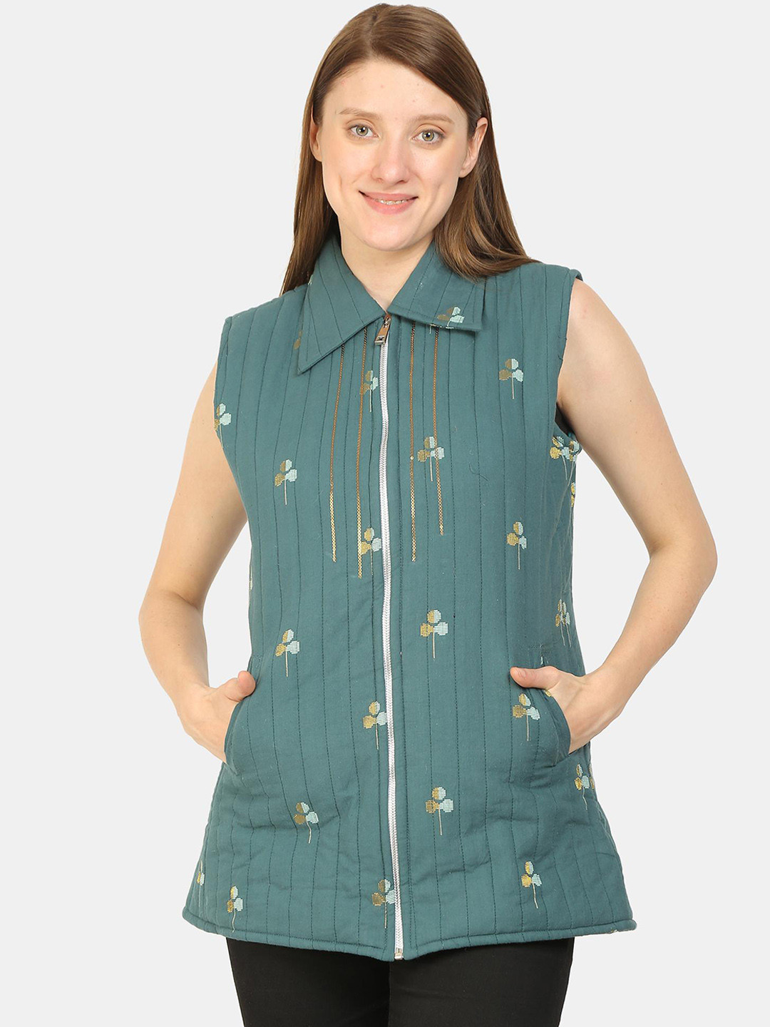 KALINI Sleeveless Sequinned Longline Quilted Jacket