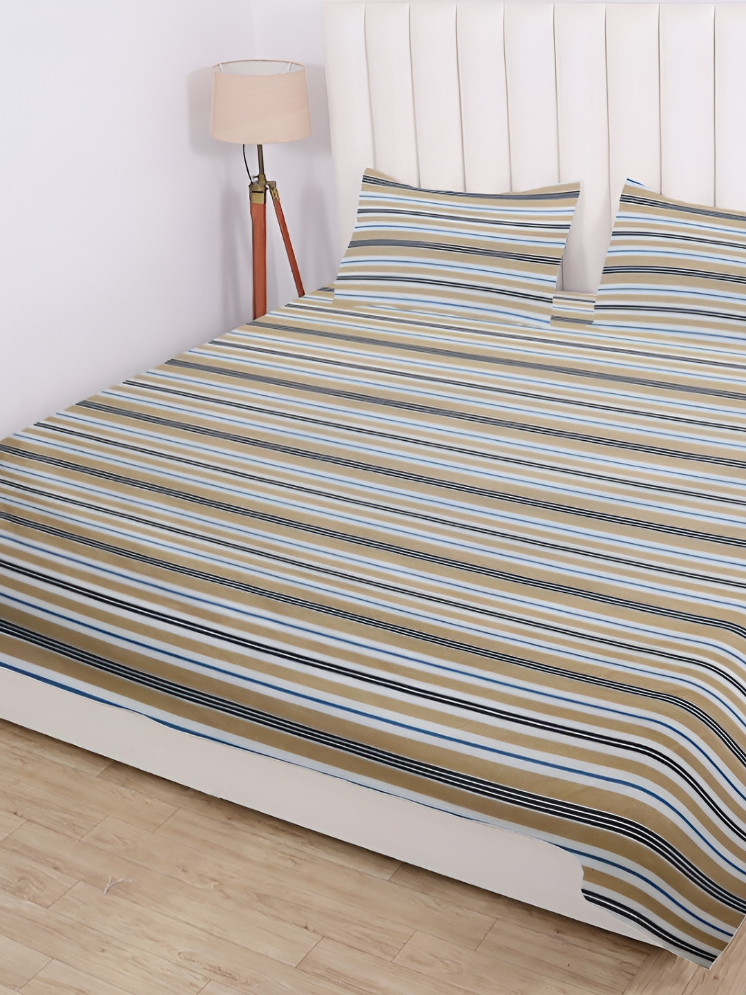RD TREND Beige Striped Cotton 210 TC Super King Superfine Bedsheet with 2 Pillow Covers-72 x 78 inches