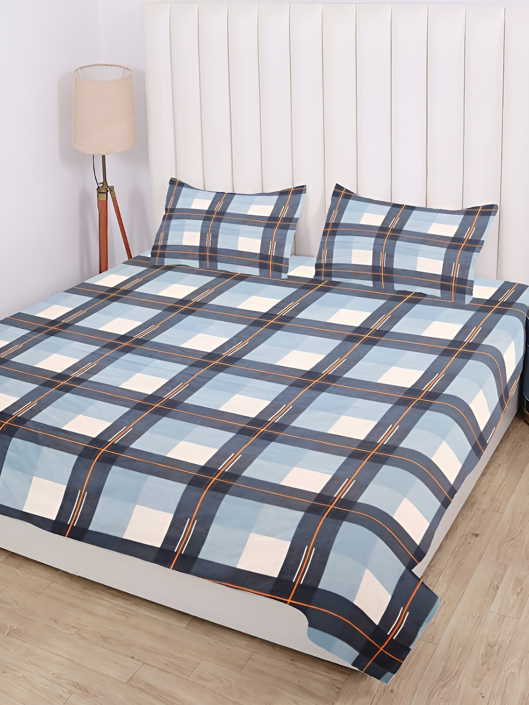 RD TREND Blue Checked Cotton 210 TC Super King Superfine Bedsheet with 2 Pillow Covers-72 x 78 inches