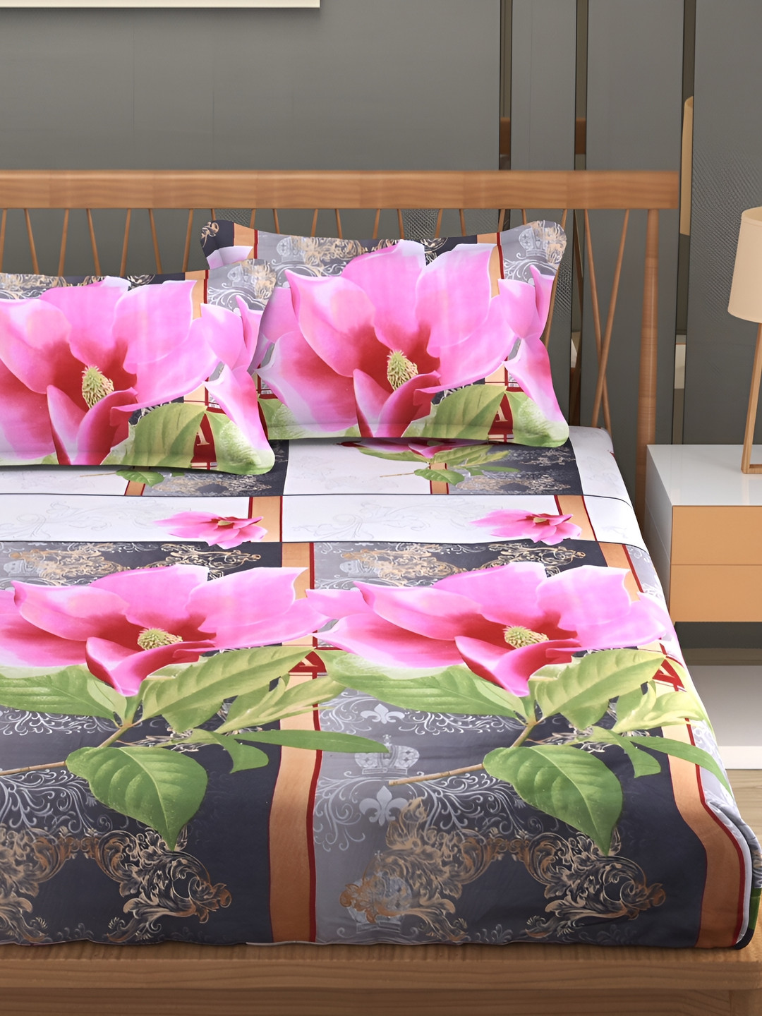 Aura Green Floral Microfiber 180 TC Queen Fine Bedsheet with 2 Pillow Covers-89 x 91 inches