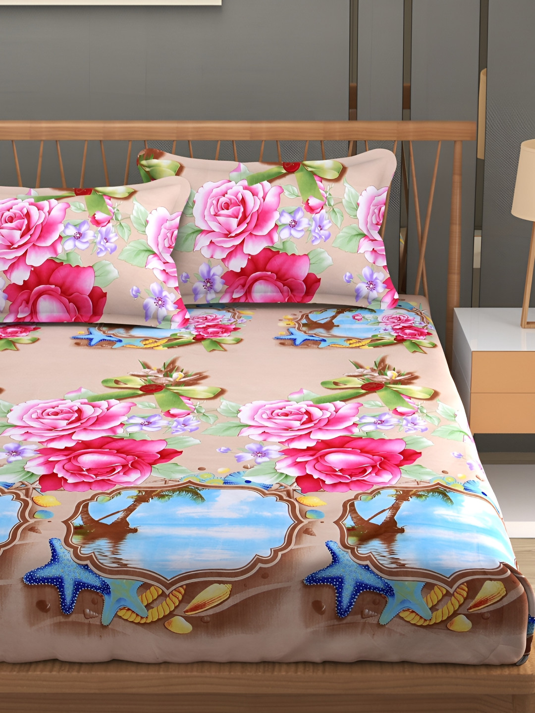 Aura Beige Floral Microfiber 180 TC Queen Fine Bedsheet with 2 Pillow Covers-89 x 91 inches
