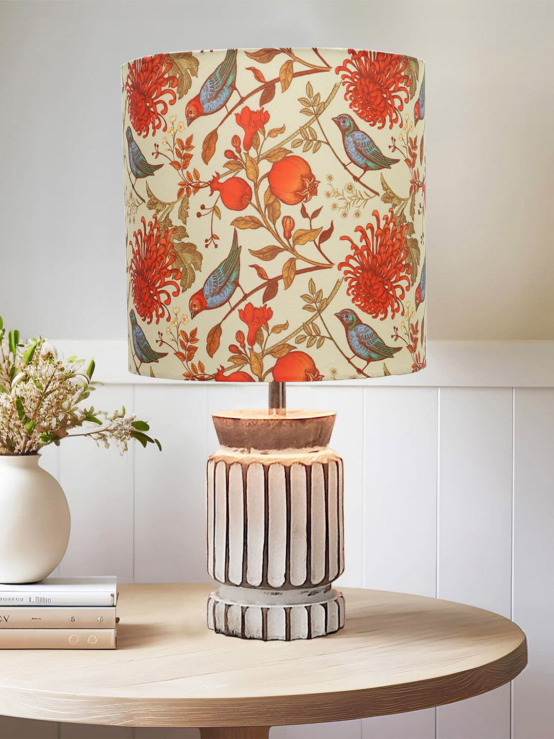 Homesake White and Red Floral Printed Wooden Contemporary Cylinderical Table Lamp