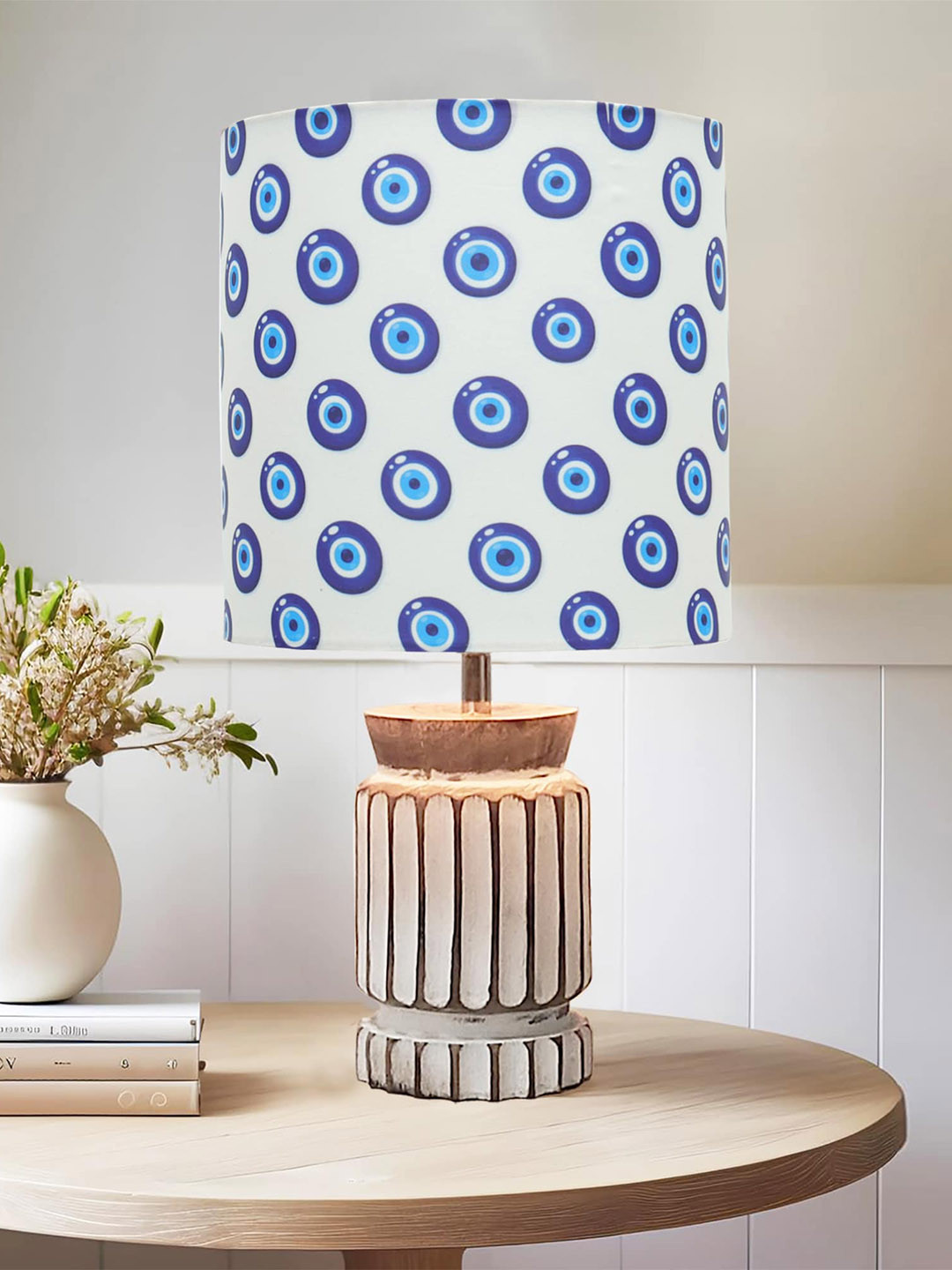 Homesake White and Blue Wooden Cylinderical Contemporary Table Lamps