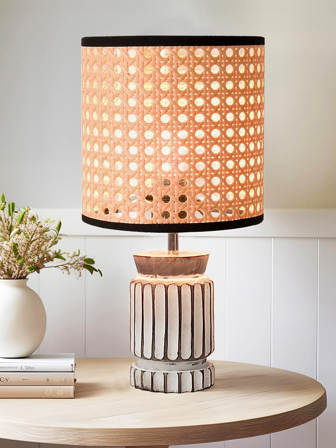 Homesake White and Beige Wooden Contemporary Cylinderical Textured Table Lamps