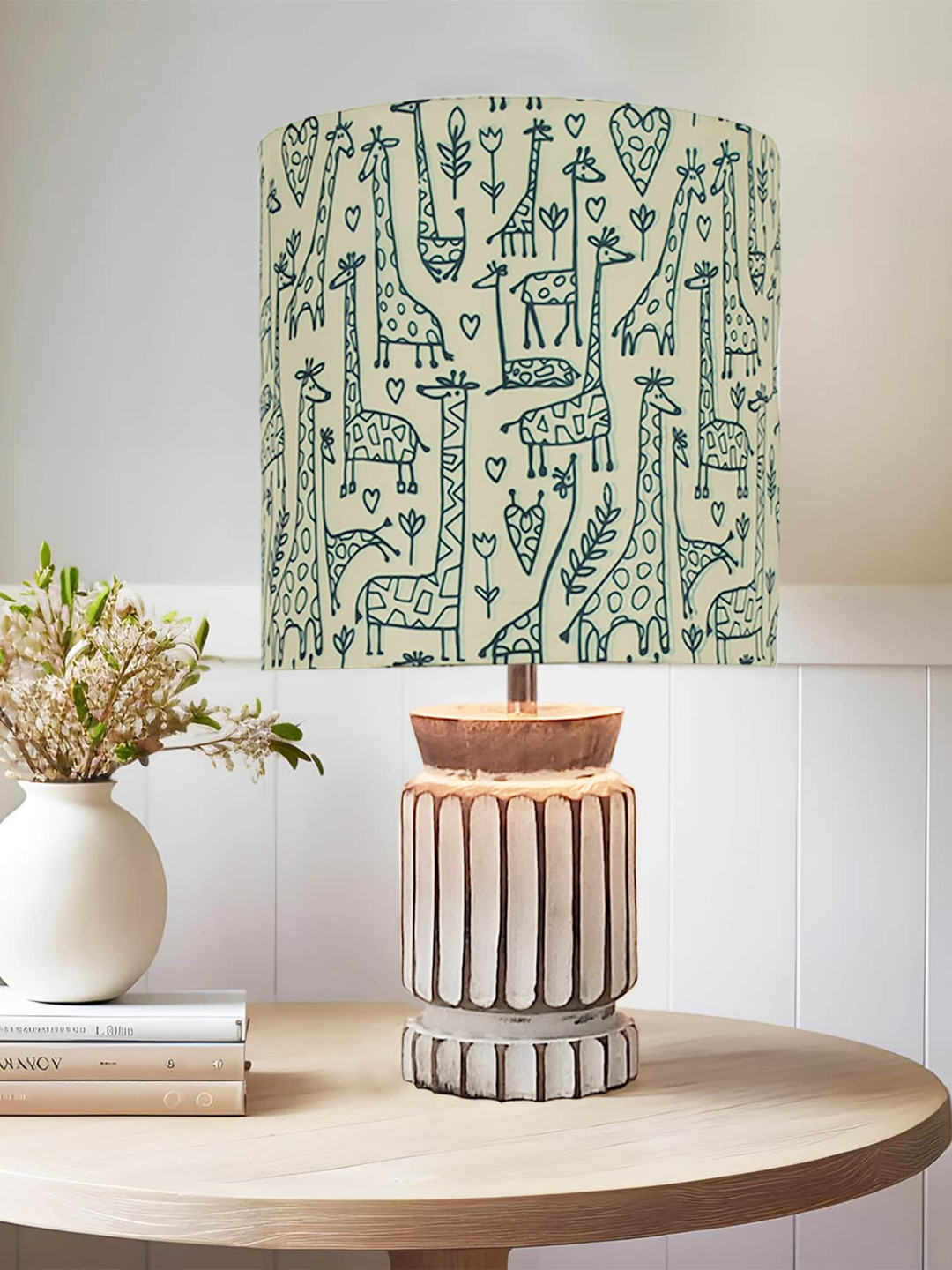 Homesake White and Green Cylinderical Printed Contemporary Table Lamps