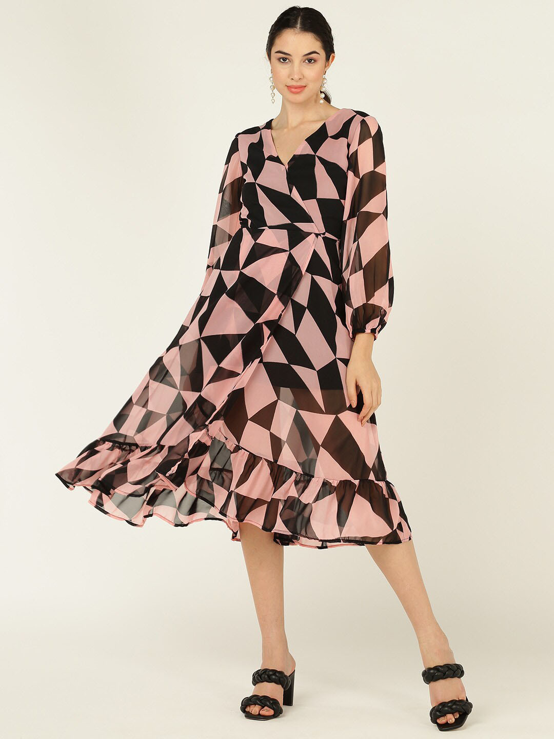 DODO & MOA Geometric Print V-Neck Long Puff Sleeve Georgette A-Line Midi Dress