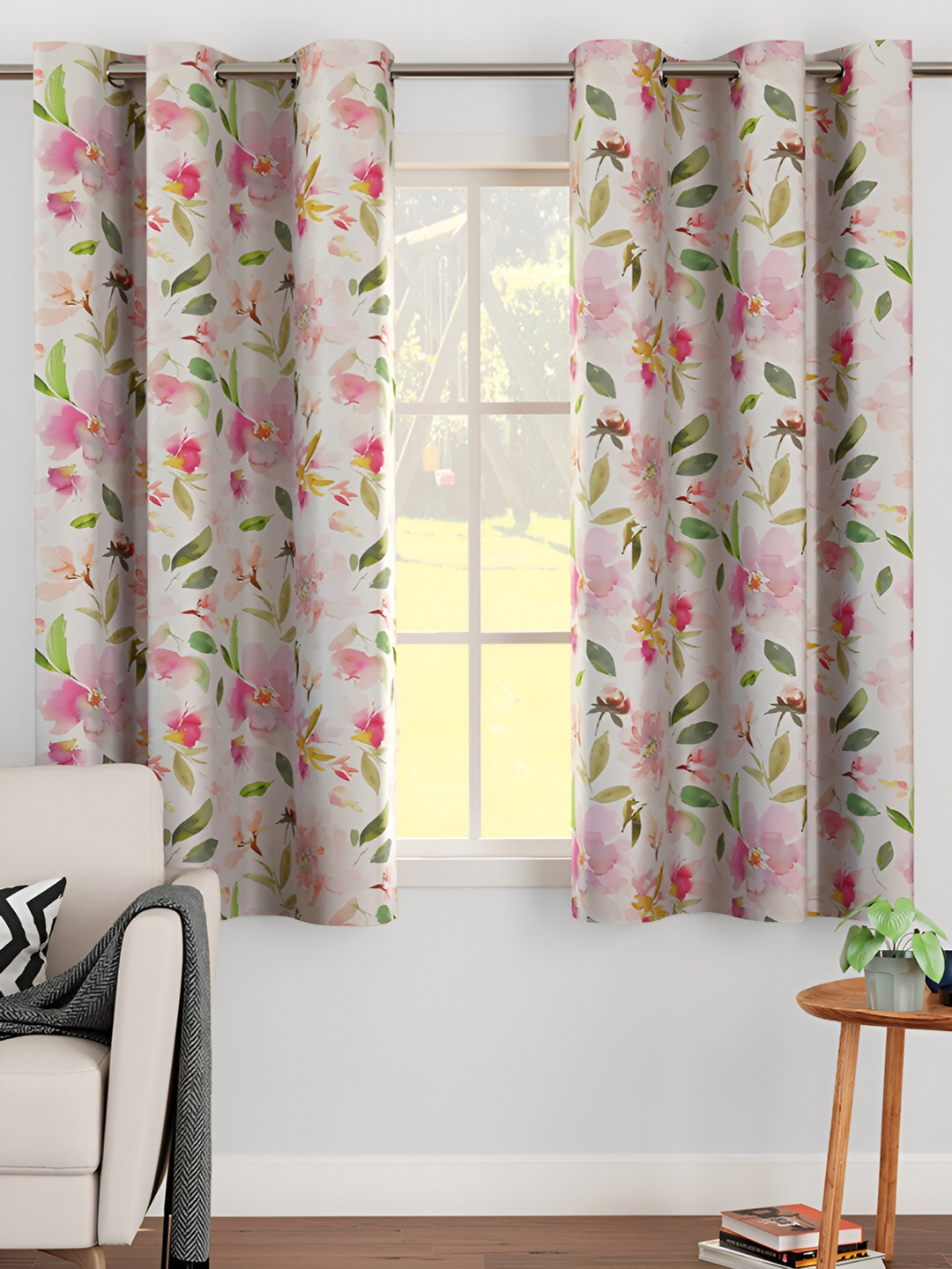 Encasa Homes White & Pink 2 Pieces Floral Room Darkening Window Curtains