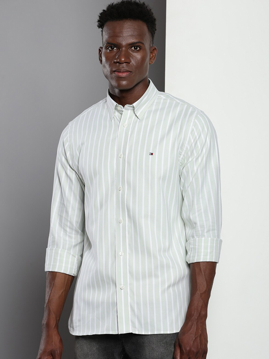 Tommy Hilfiger Striped Spread Collar Full Sleeves Pure Cotton Casual Shirt