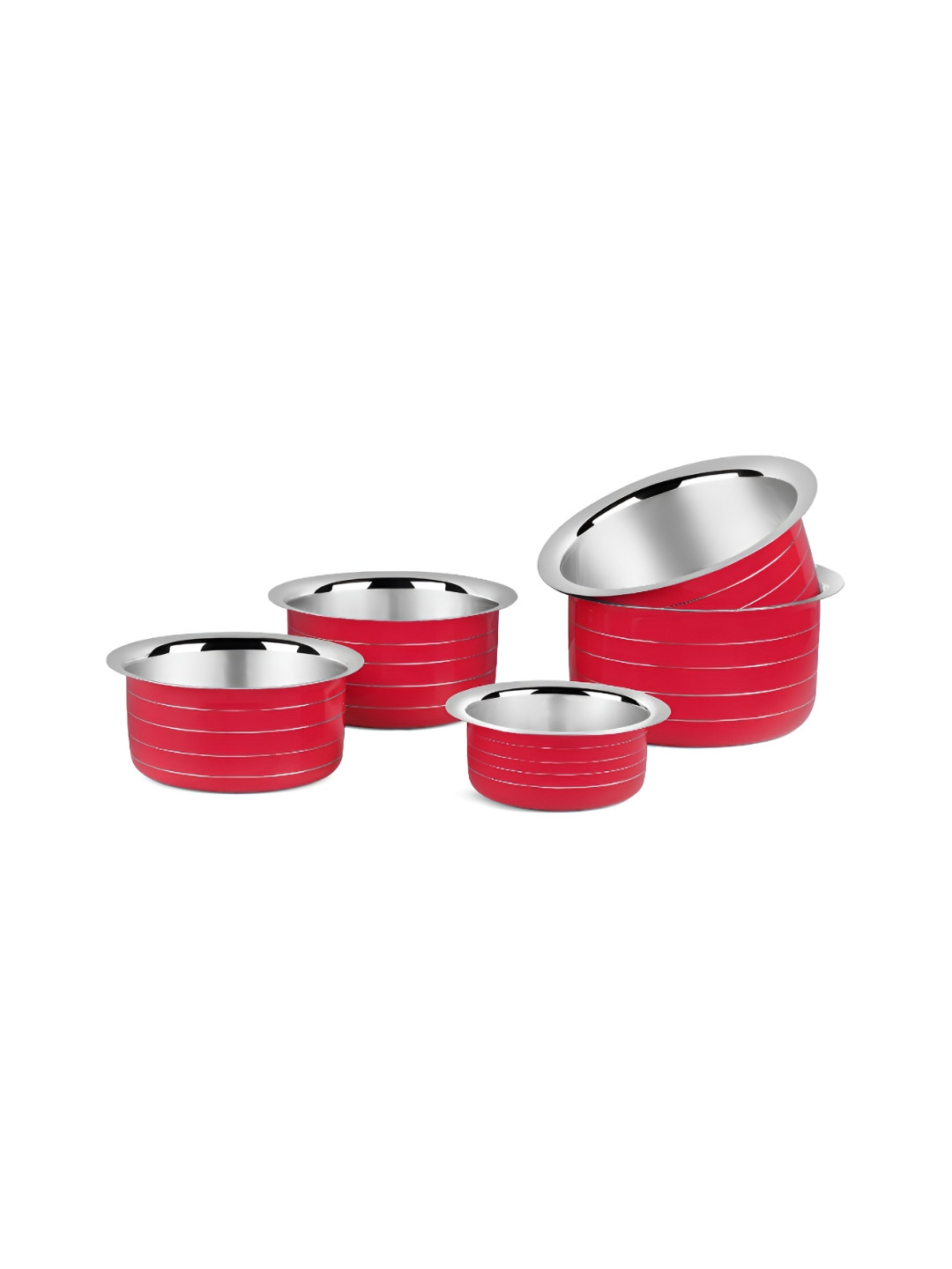 Classic Essentials Red & Silver Toned 5 Pieces Stainless Steel Induction Base Tope